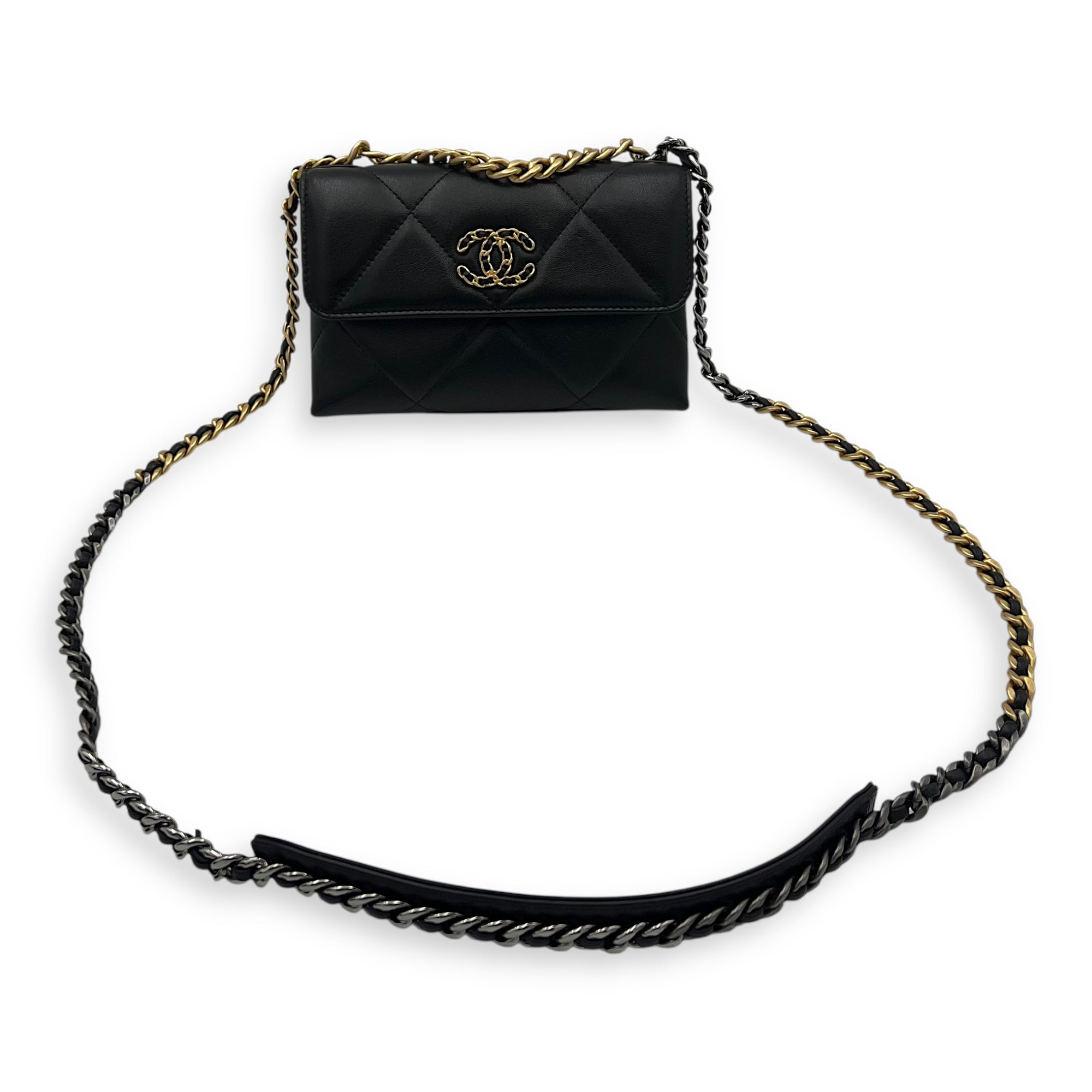 Chanel C19 Chain Pouch Black Crossbody Bag in Lambskin, Mixed hardware_15