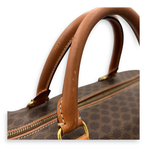 Celine Vintage Macadam Brown Duffle Bag in Coated Canvas, Gold hardware_15