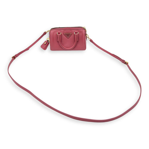 Prada Convertible Bowler Boston Mini Pink Top Handle Bag in Saffiano Leather, Gold hardware_15