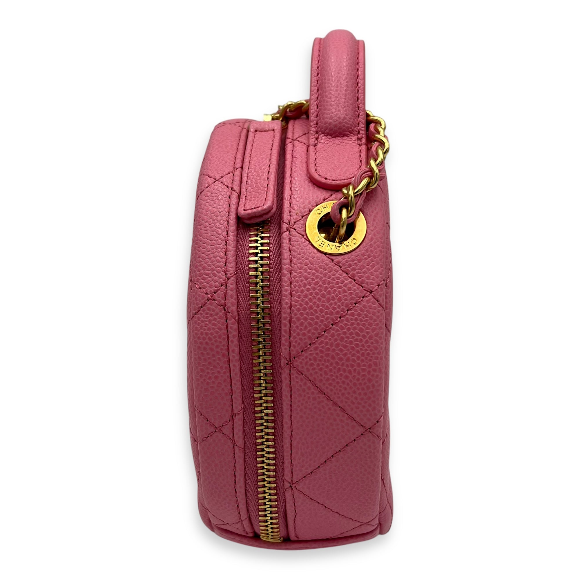 Chanel Round Crossbody Bag Pink in Caviar Leather, Gold hardware_4