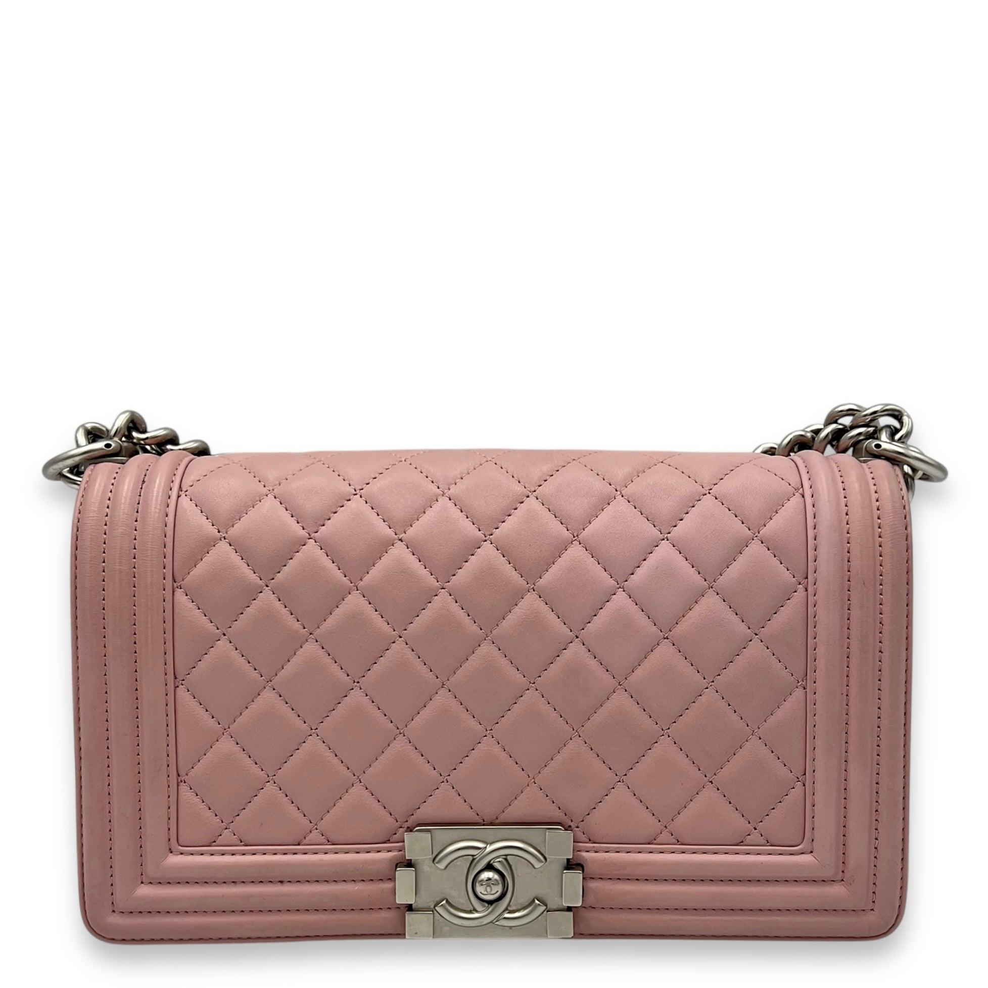 Chanel Boy Crossbody Bag Medium Pink in Calfskin, Silver hardware_1