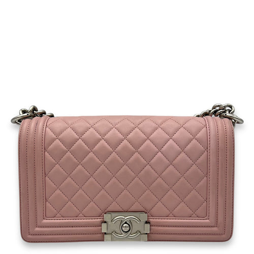 Chanel Boy Crossbody Bag Medium Pink in Calfskin, Silver hardware_1