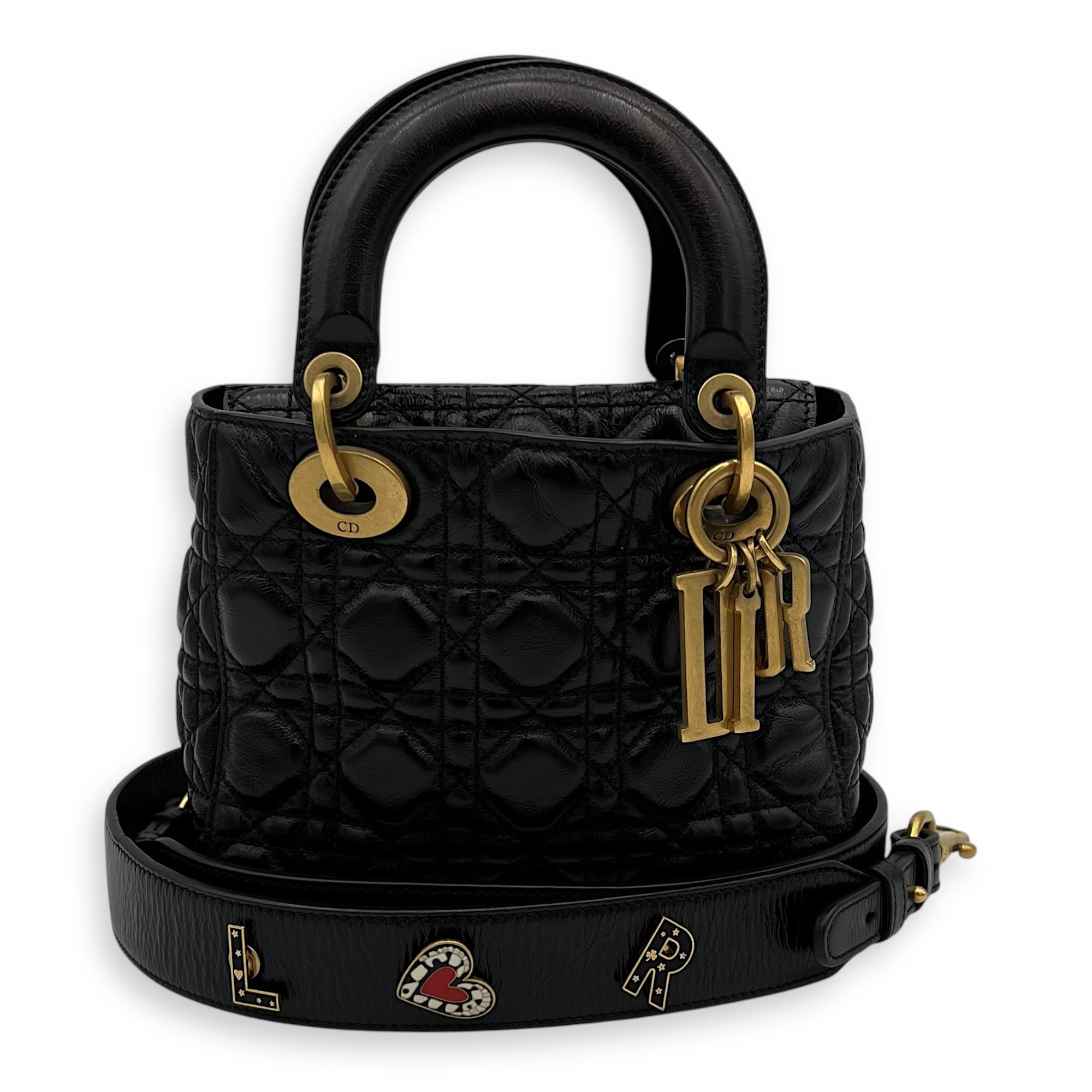 Christian Dior Lady Dior Top Handle Bag Small Black in Calfskin, Gold hardware_11
