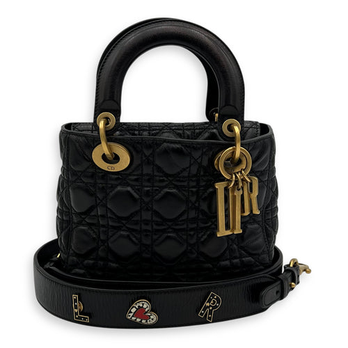 Christian Dior Lady Dior Top Handle Bag Small Black in Calfskin, Gold hardware_11
