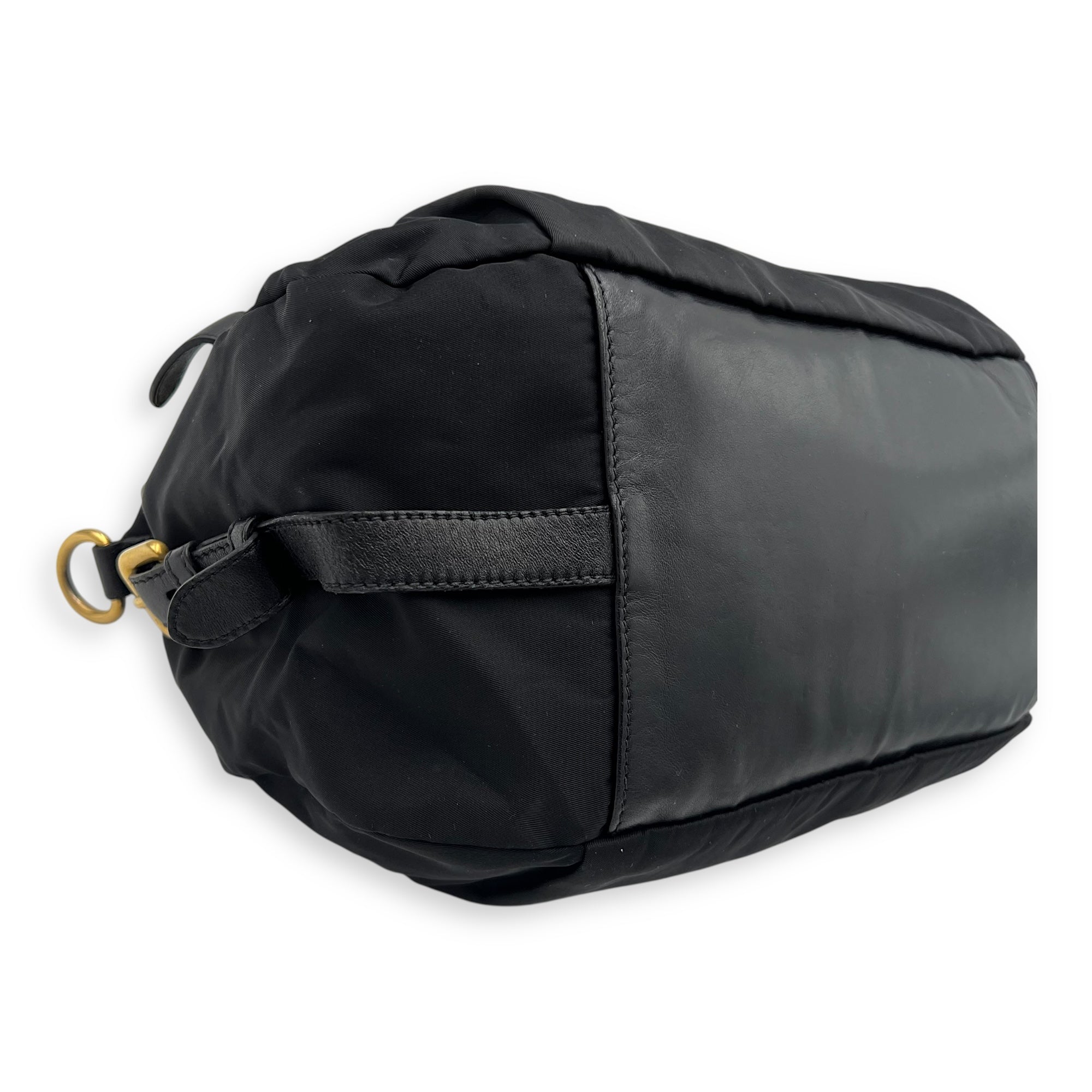 Prada Logo Top Handle Bag Black in Nylon, Gold hardware_7