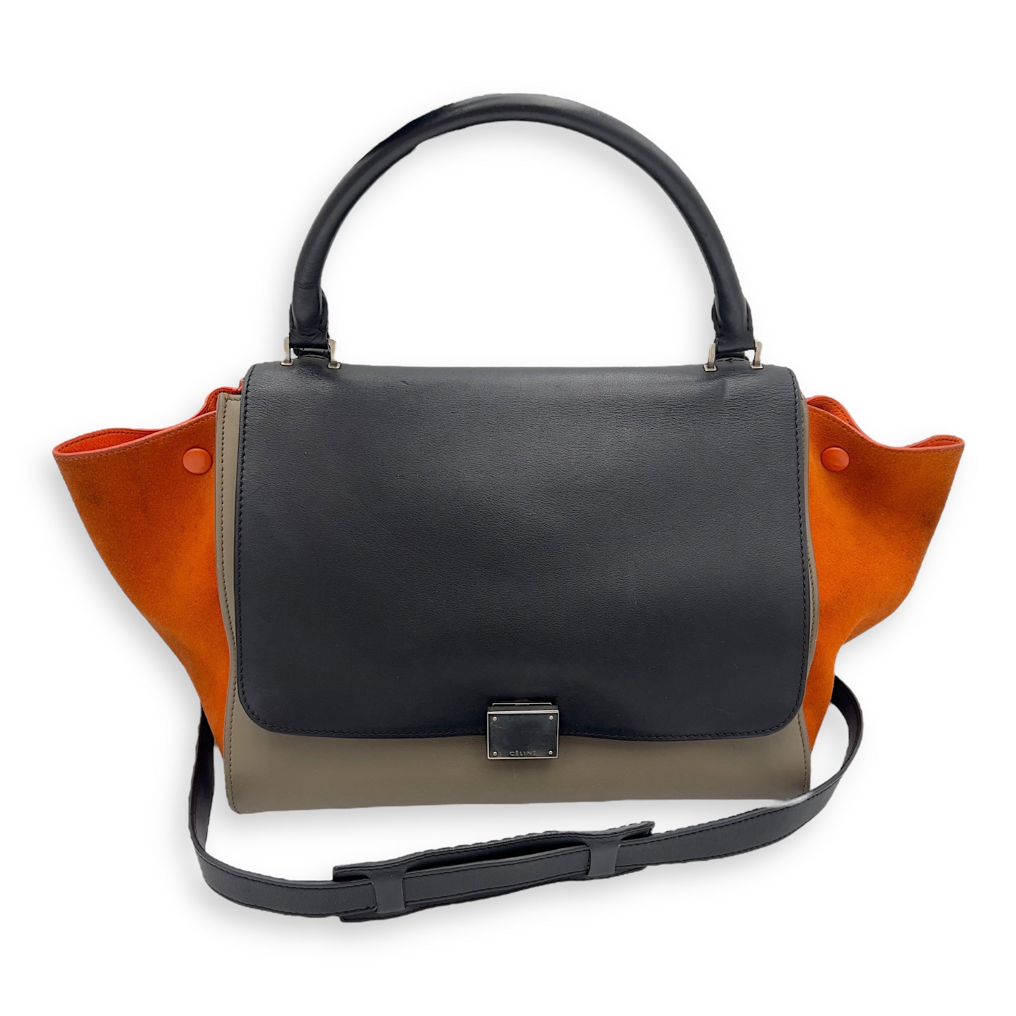 Celine Trapeze Top Handle Bag Medium Black in Calfskin, Silver hardware_13