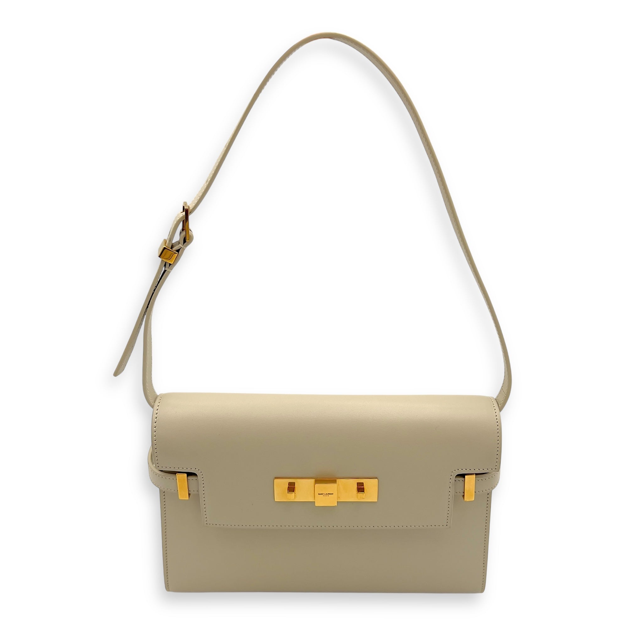 Saint Laurent Manhattan Shoulder Bag White in Calfskin, Gold hardware_12