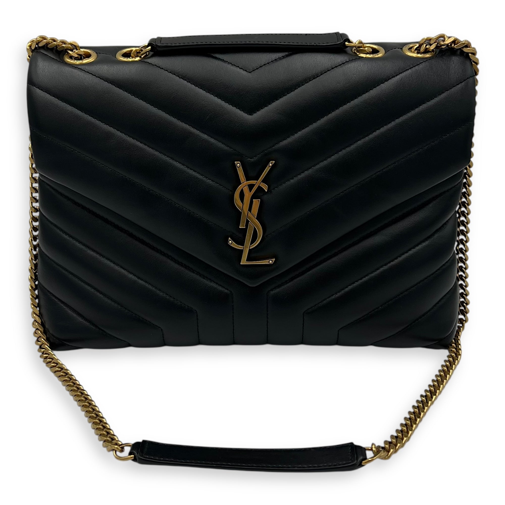 Saint Laurent Loulou Shoulder Bag Medium Black in Calfskin, Gold hardware_8