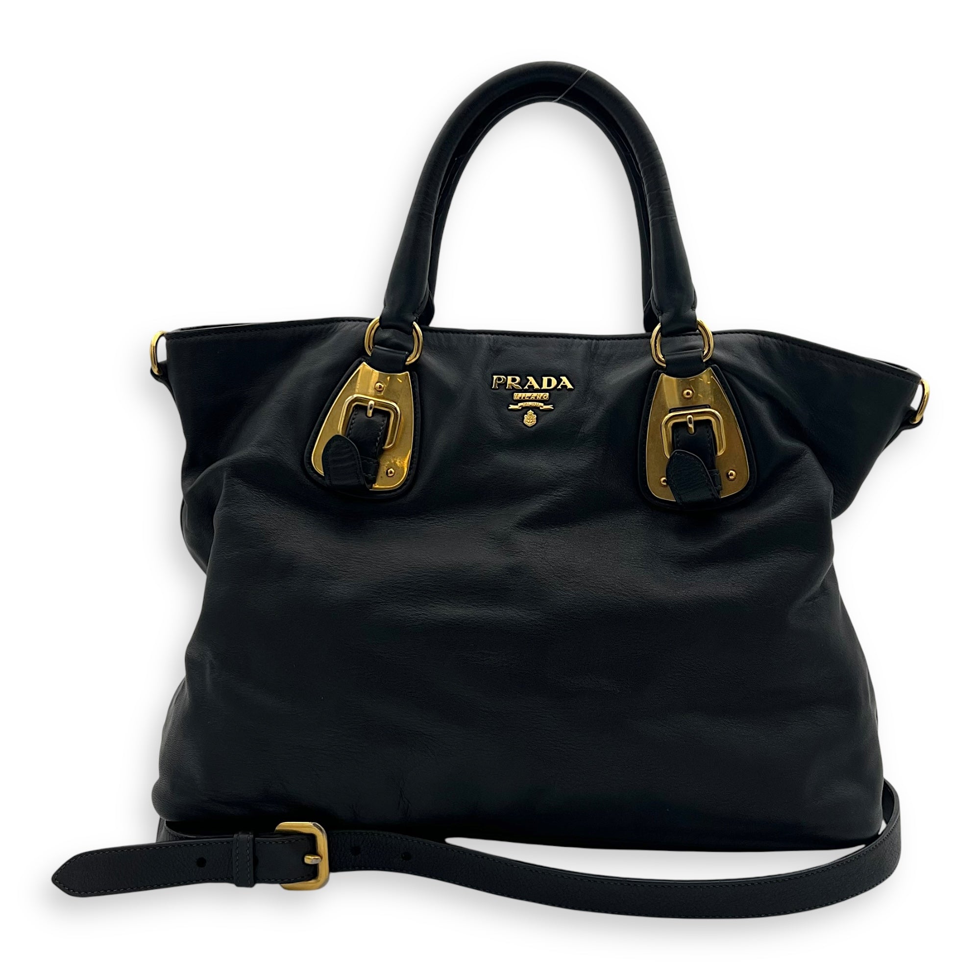 Prada Logo Top Handle Bag Black in Calfskin, Gold hardware_15