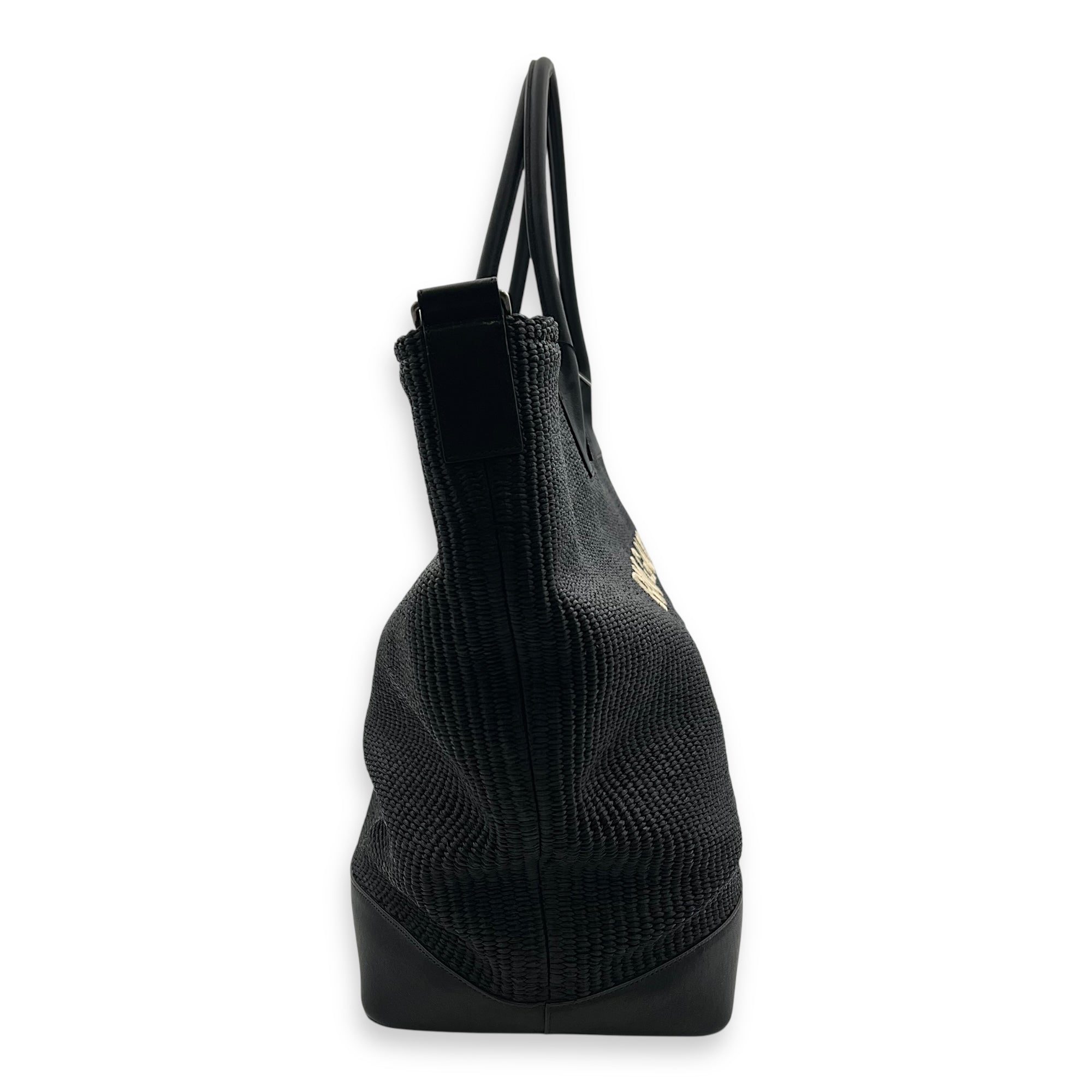 Saint Laurent Rive Gauche Tote Bag Black in Raffia, Silver hardware_3