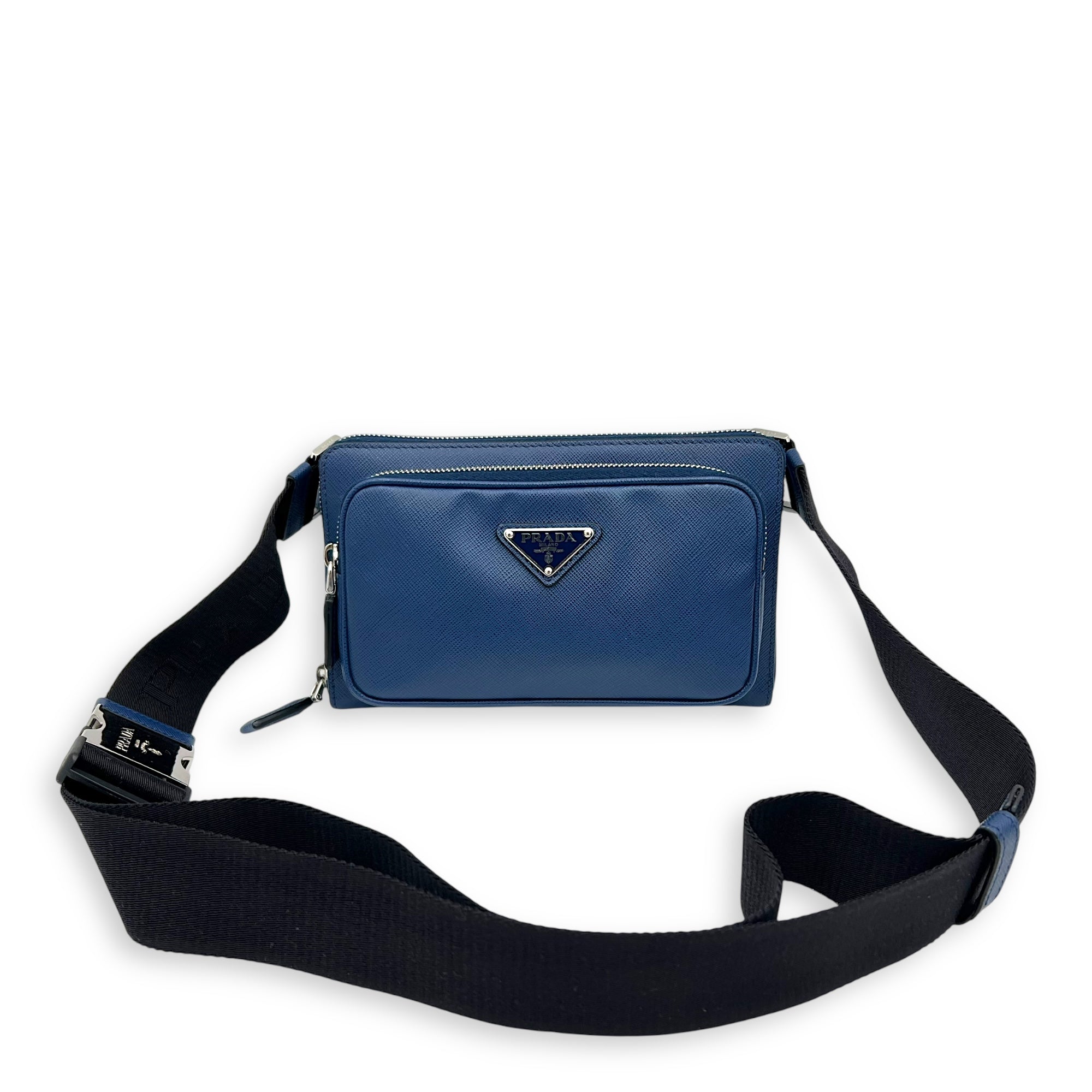 Prada Logo Belt Bag Blue in Saffiano Leather, Silver hardware_15