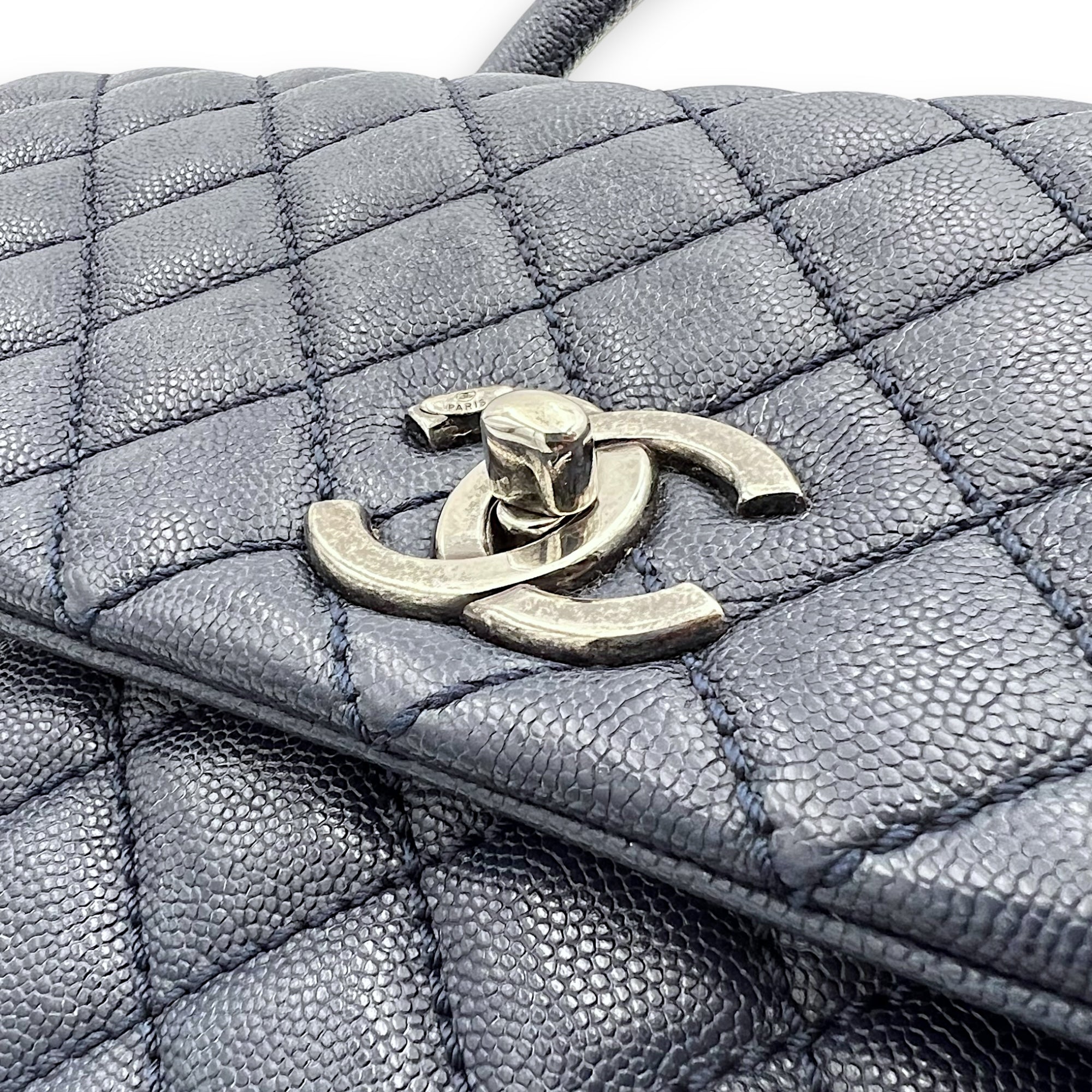 Chanel Coco Handle Quilted Top Handle Bag Blue in Caviar Leather, Silver hardware_15