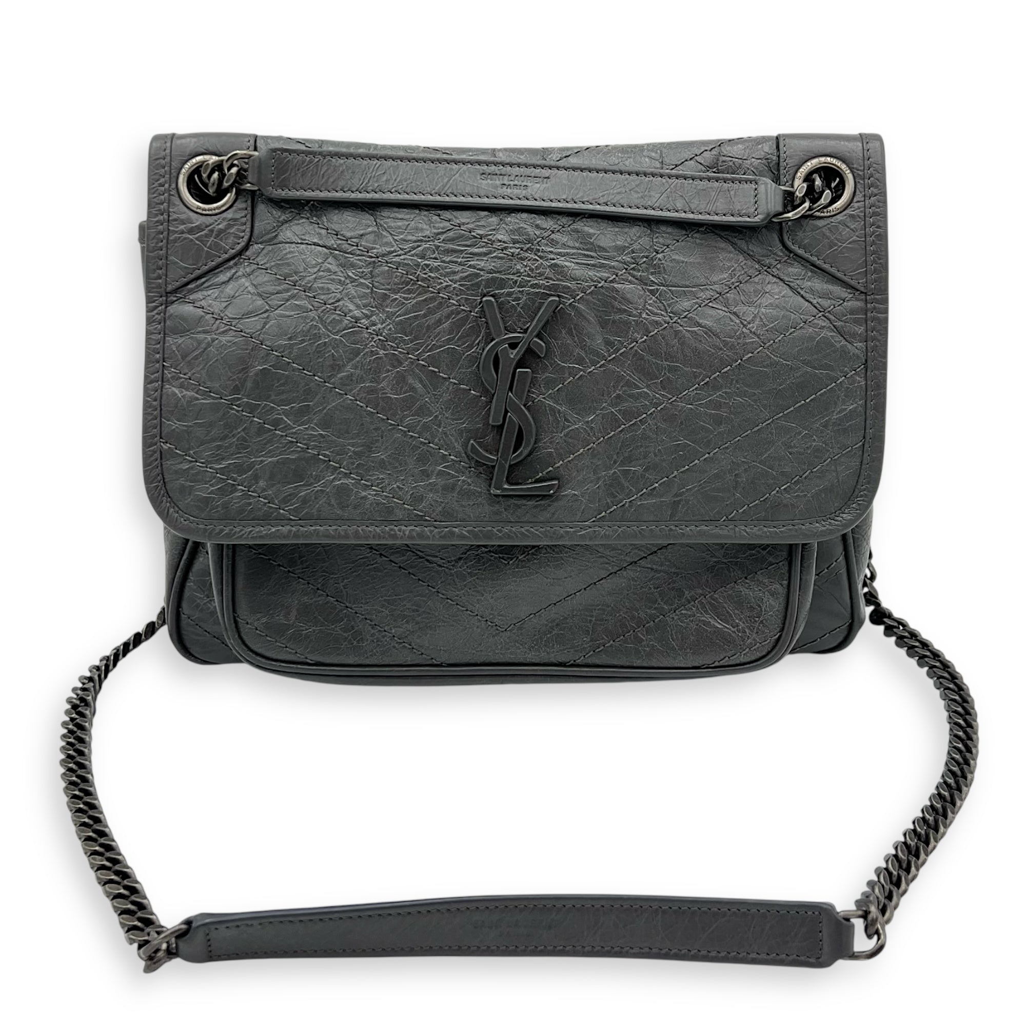 Saint Laurent Niki Shoulder Bag Grey in Calfskin, Ruthenium hardware_15