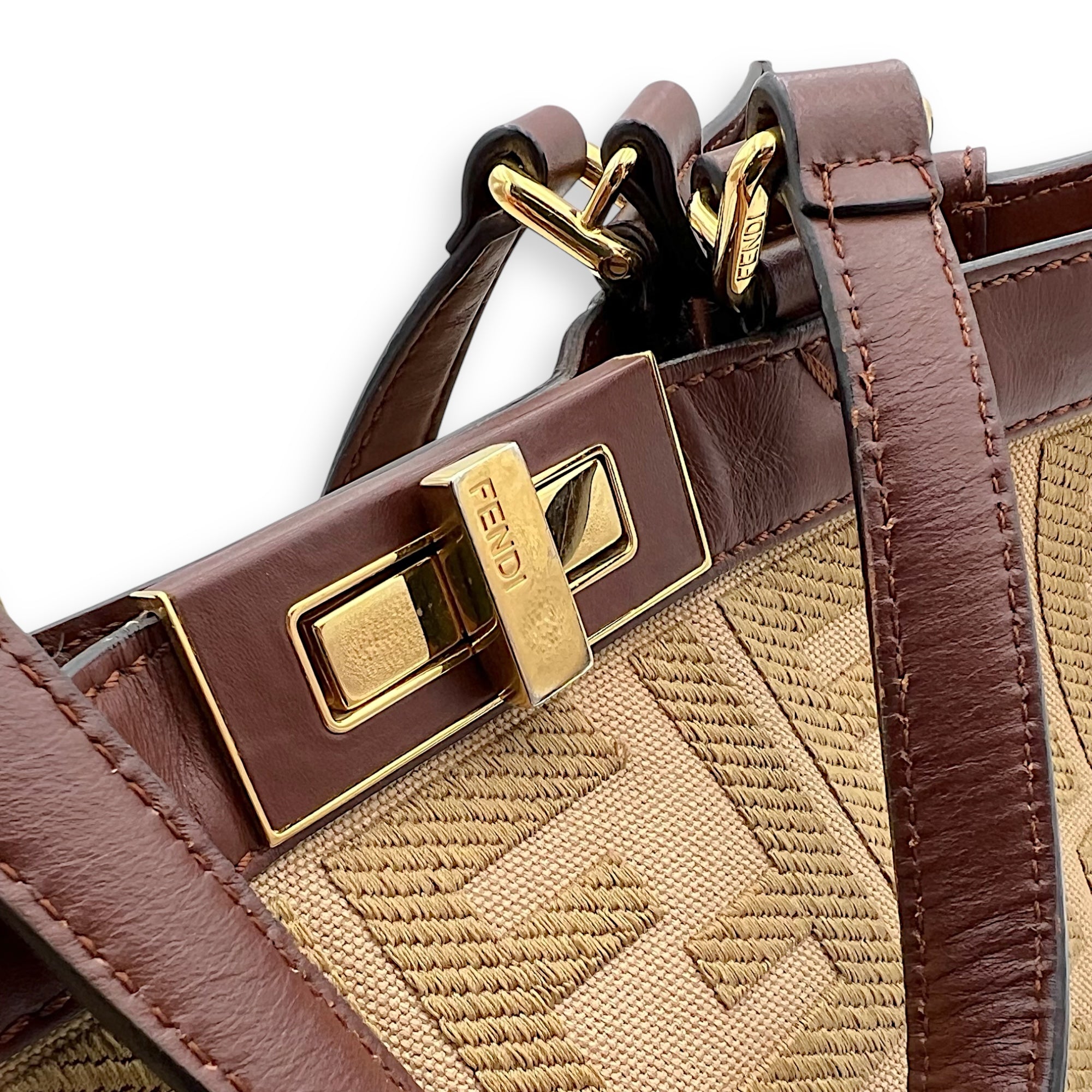 Fendi Peekaboo Brown Top Handle Bag in Canvas, Gold hardware_15