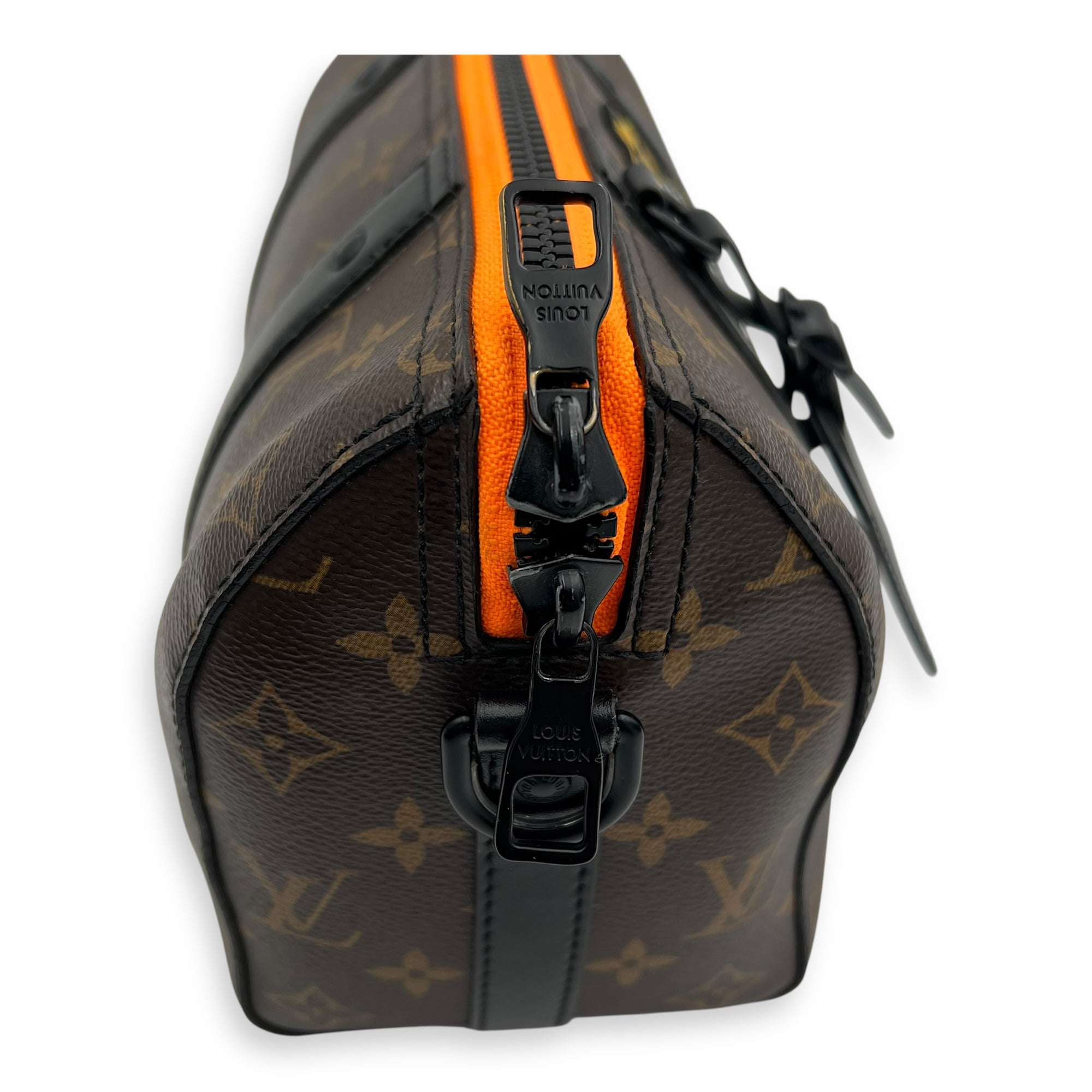 Louis Vuitton Keepall Virgil Abloh Top Handle Bag Brown in Monogram Coated Canvas, Gold hardware_7