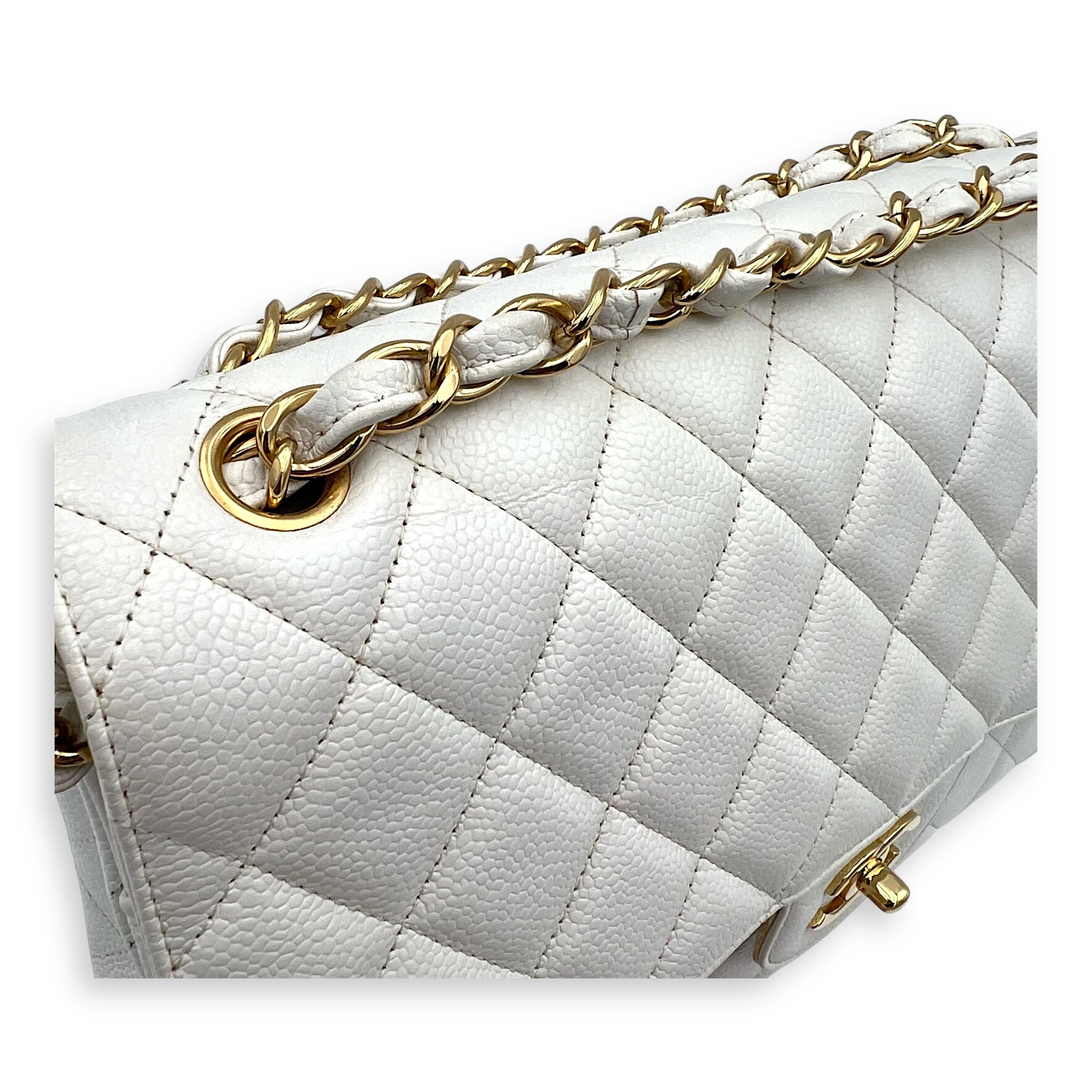 Chanel Classic Shoulder Bag Jumbo White in Caviar Leather, Gold hardware_10