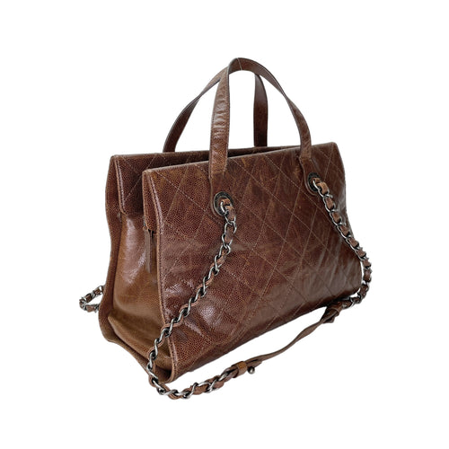 Two-way Brown Top Handle Bag in Caviar Leather, Ruthenium hardware