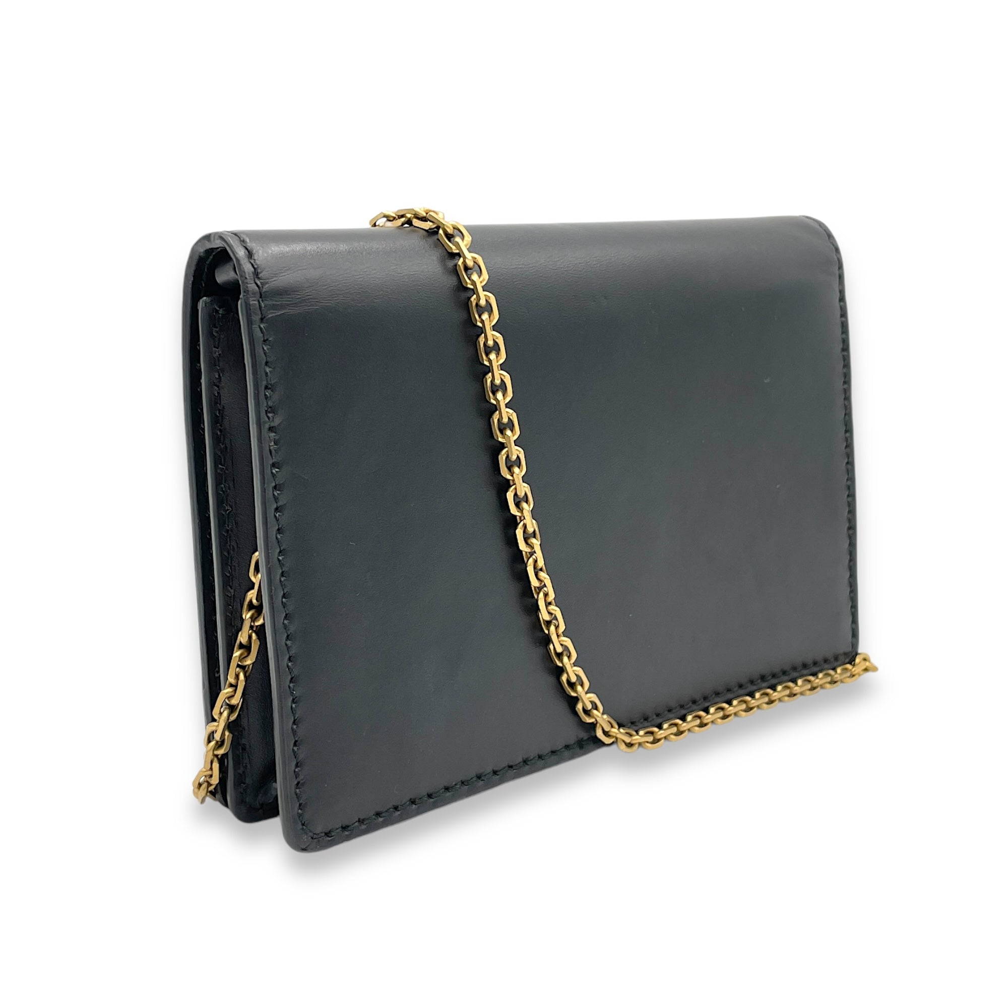 J'adior Black Wallet On Chain in Calfskin, Brushed Gold hardware