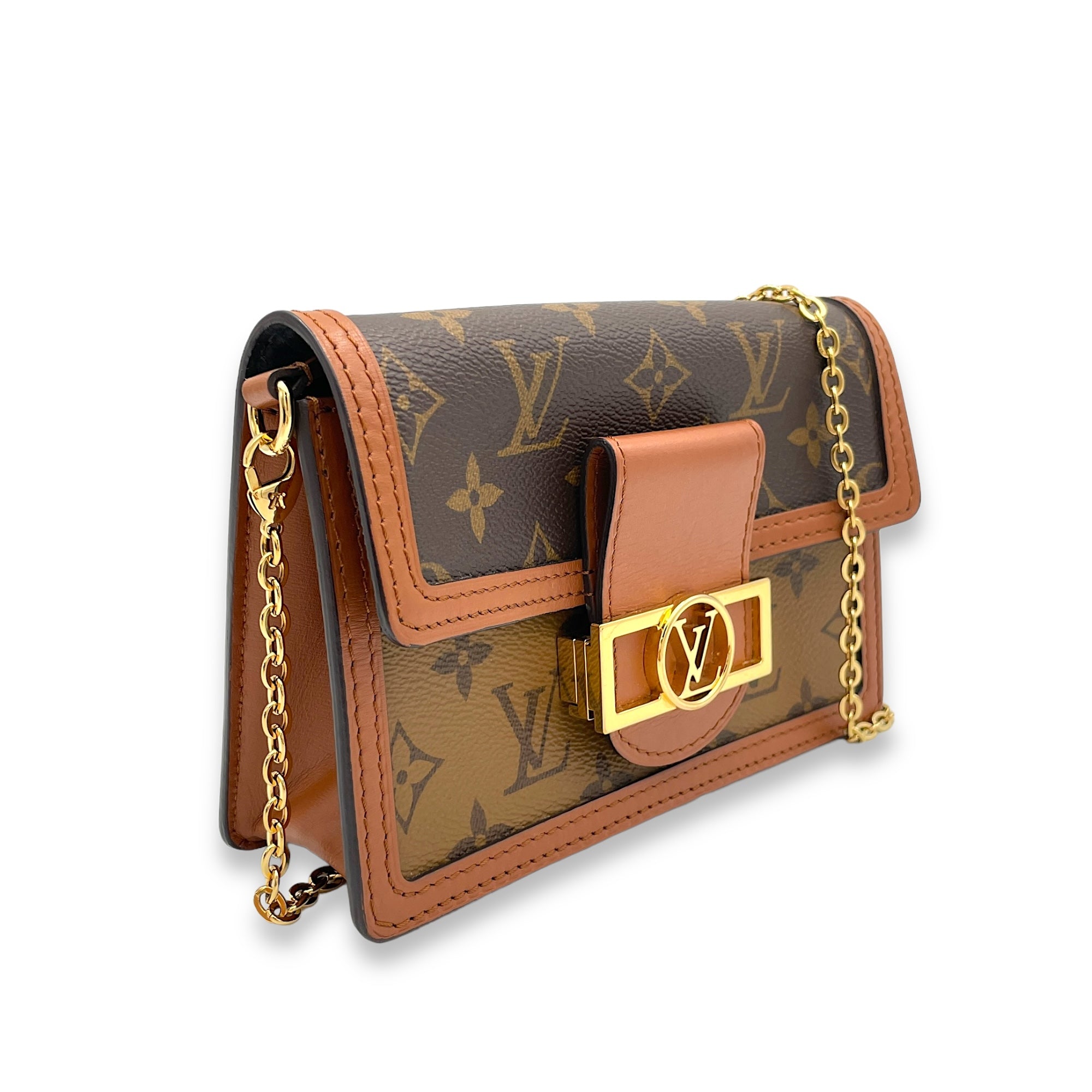 Dauphine Wallet On Chain Brown in Monogram Coated Canvas, Gold hardware