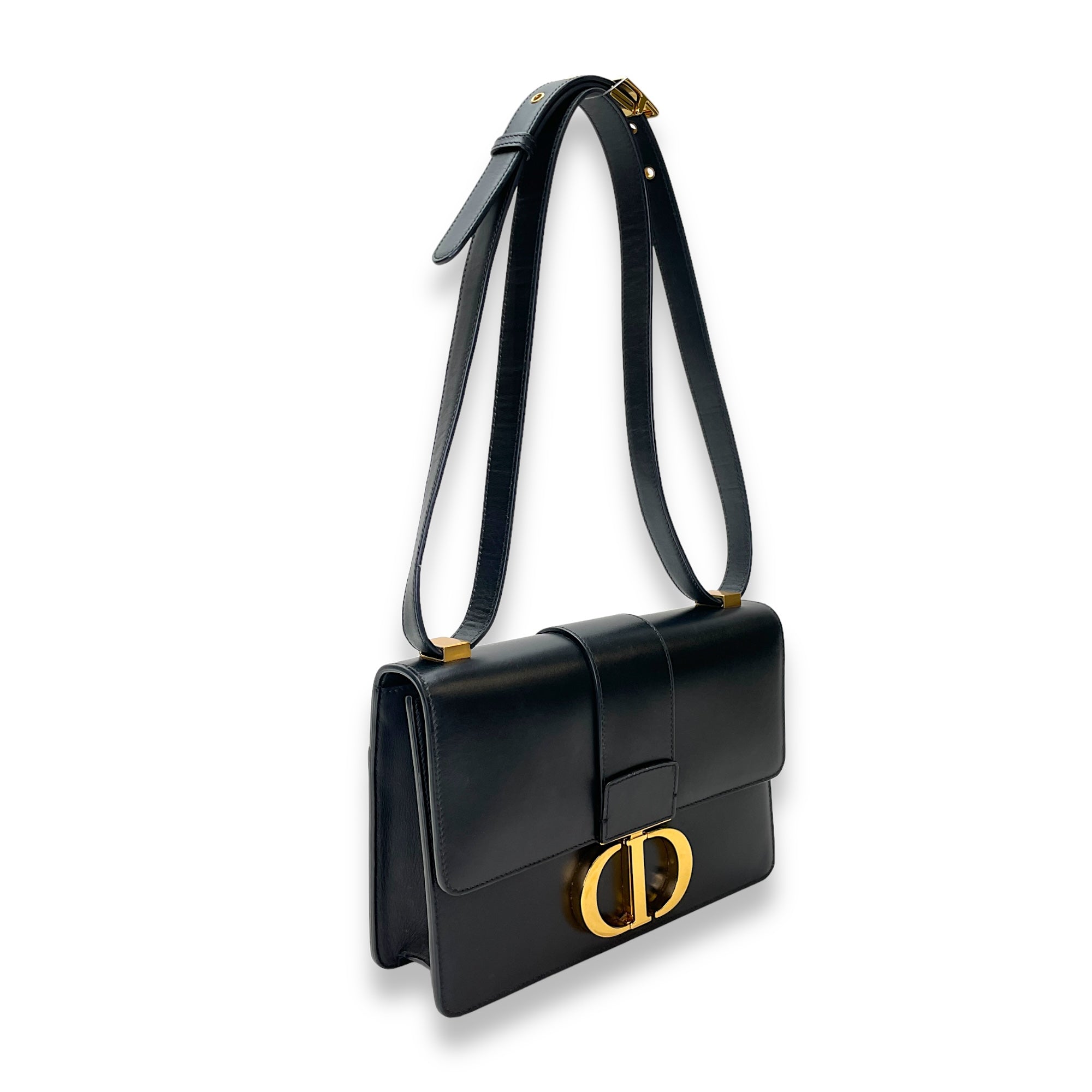 30 Montaigne Medium Black Crossbody Bag in Calfskin, Gold hardware