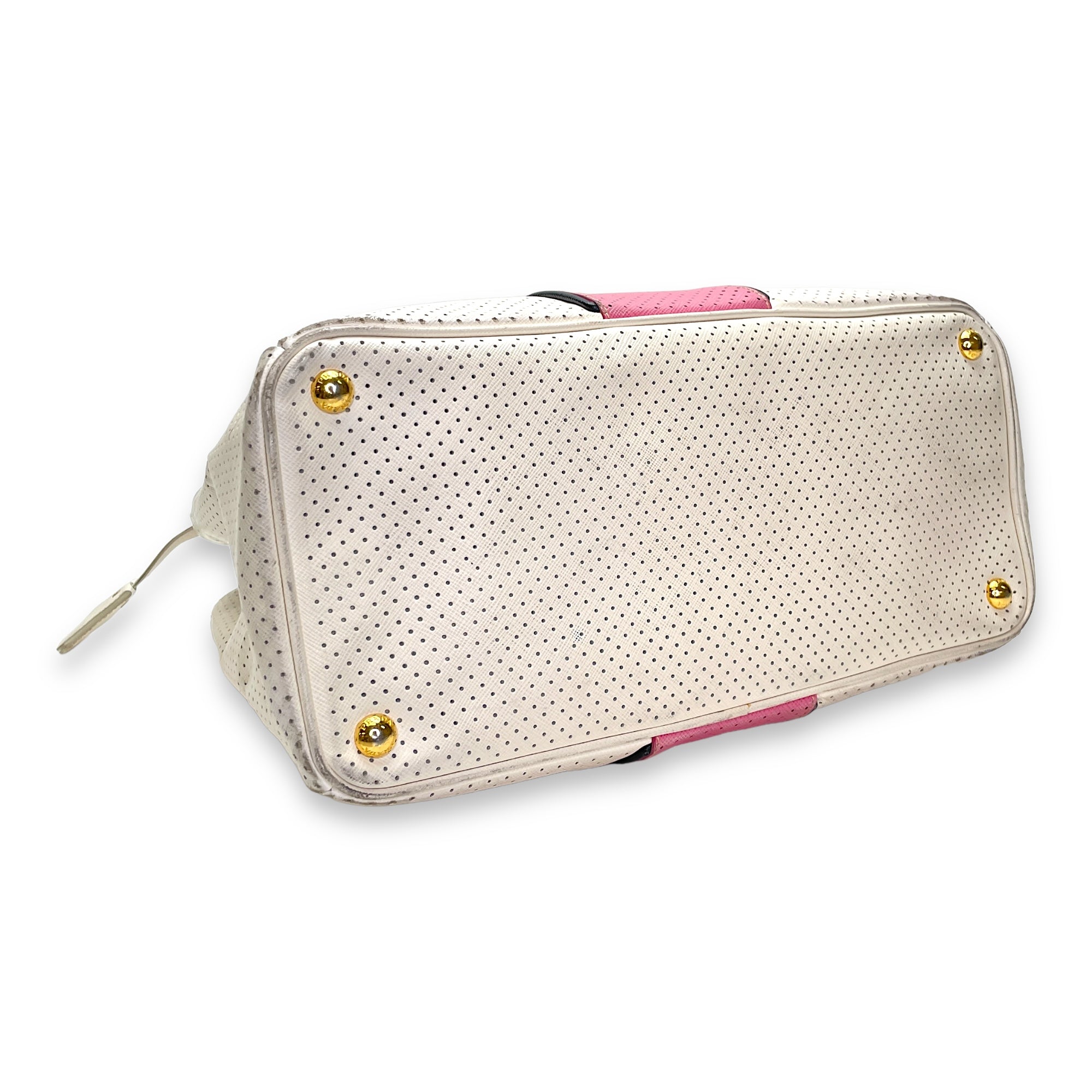 Perforated Galleria White Top Handle Bag in Calfskin, Gold hardware