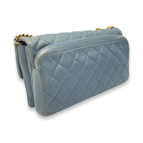 Double Crossbody Bag Grey in Calfskin, Gold hardware