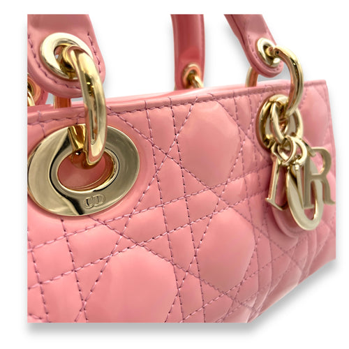 Lady D-Joy Small Pink Top Handle Bag in Patent Leather, Gold hardware