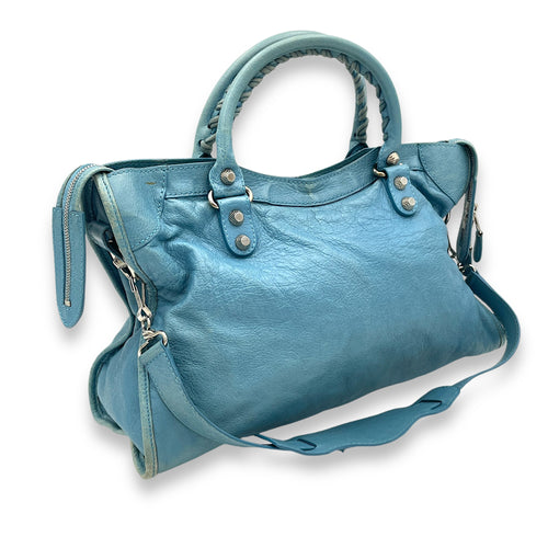 City Medium Blue Top Handle Bag in Distressed Leather, Silver hardware