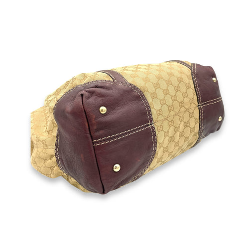 Horsebit Nail Boston  Top Handle Bag Brown in Canvas, Gold hardware