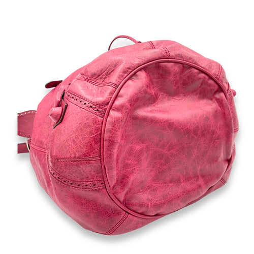 PomPon Red Top Handle Bag in Distressed Leather, Silver hardware