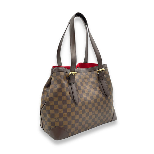 Hampstead MM Damier Ebene Top Handle Bag in Coated Canvas, Gold hardware