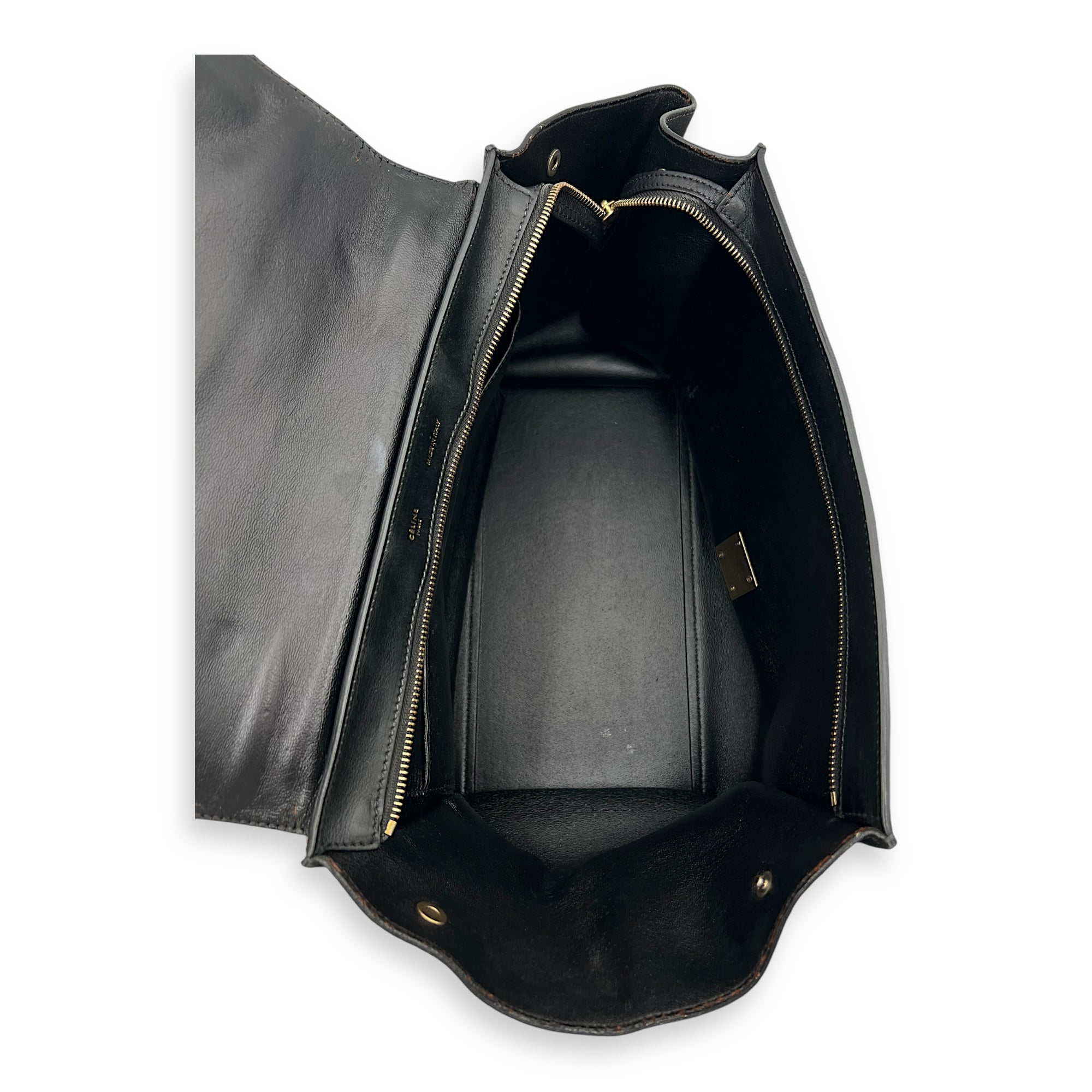 Trapeze Medium Black Top Handle Bag in Calfskin, Gold hardware