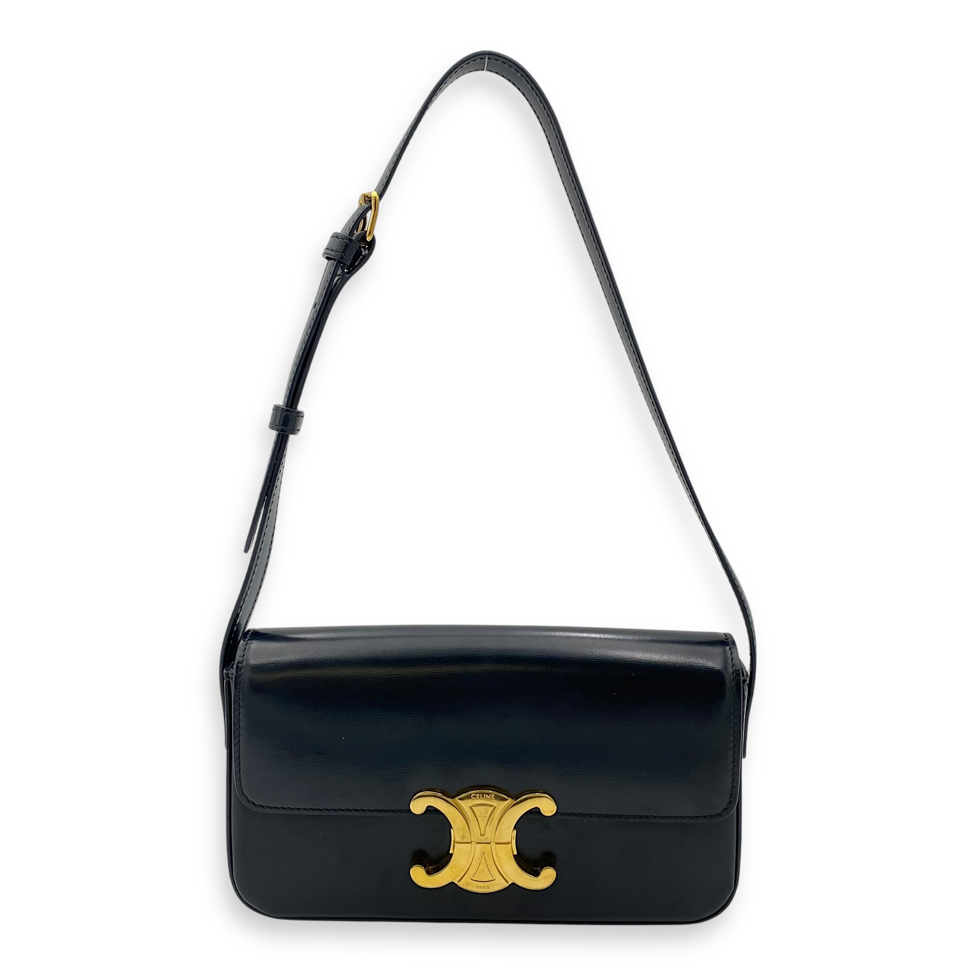 Triomphe Claude Black Shoulder Bag in Calfskin, Gold hardware