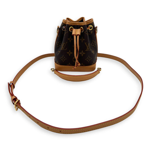 Noe Top Handle Bag Nano Brown in Monogram Coated Canvas, Gold hardware