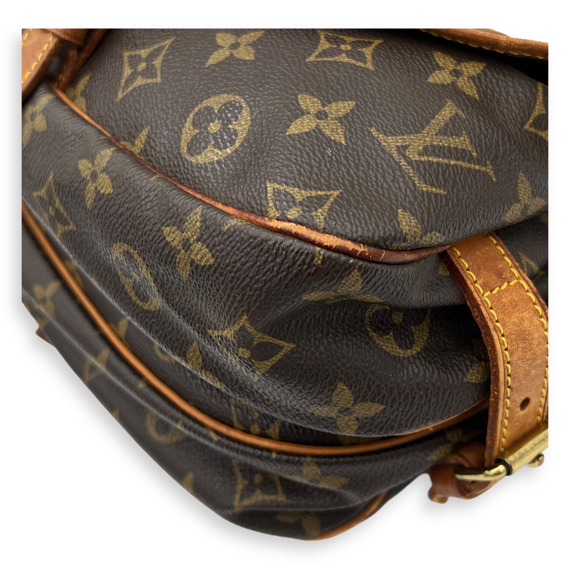 Saumur Crossbody Bag Brown in Monogram Coated Canvas, Gold hardware