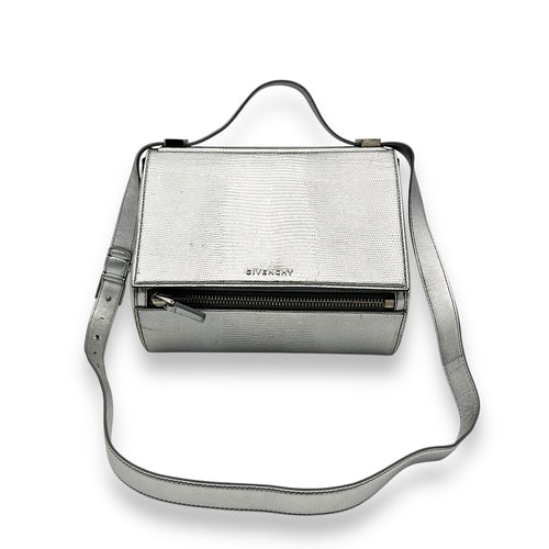 Pandora Box Medium Silver Crossbody Bag in Lizard Embossed Calfskin, Silver hardware