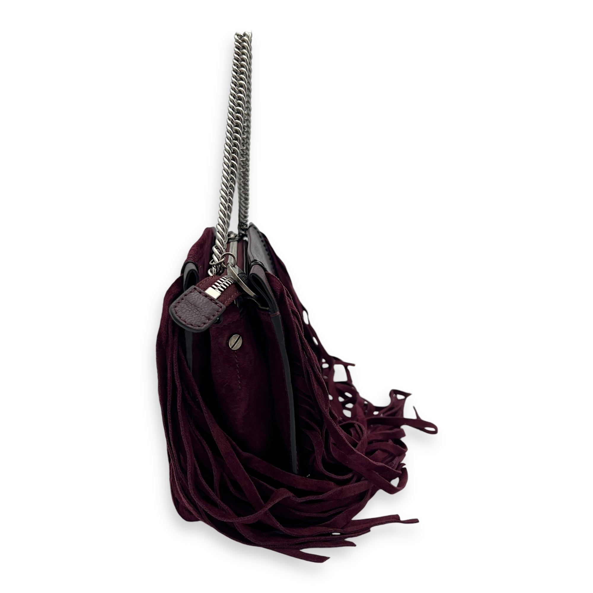 Fringe Purple Crossbody Bag in Suede Leather, Silver hardware