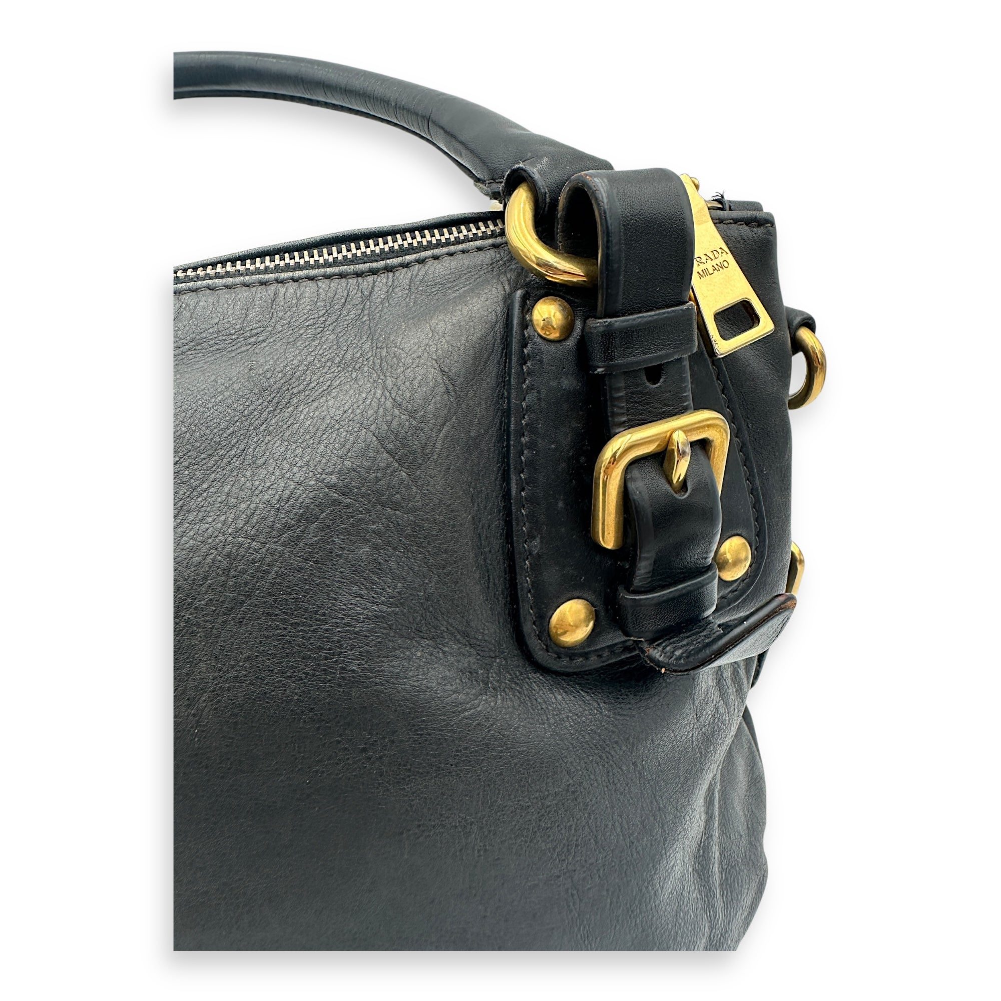 Prada Logo Top Handle Bag Black in Calfskin, Gold hardware_16