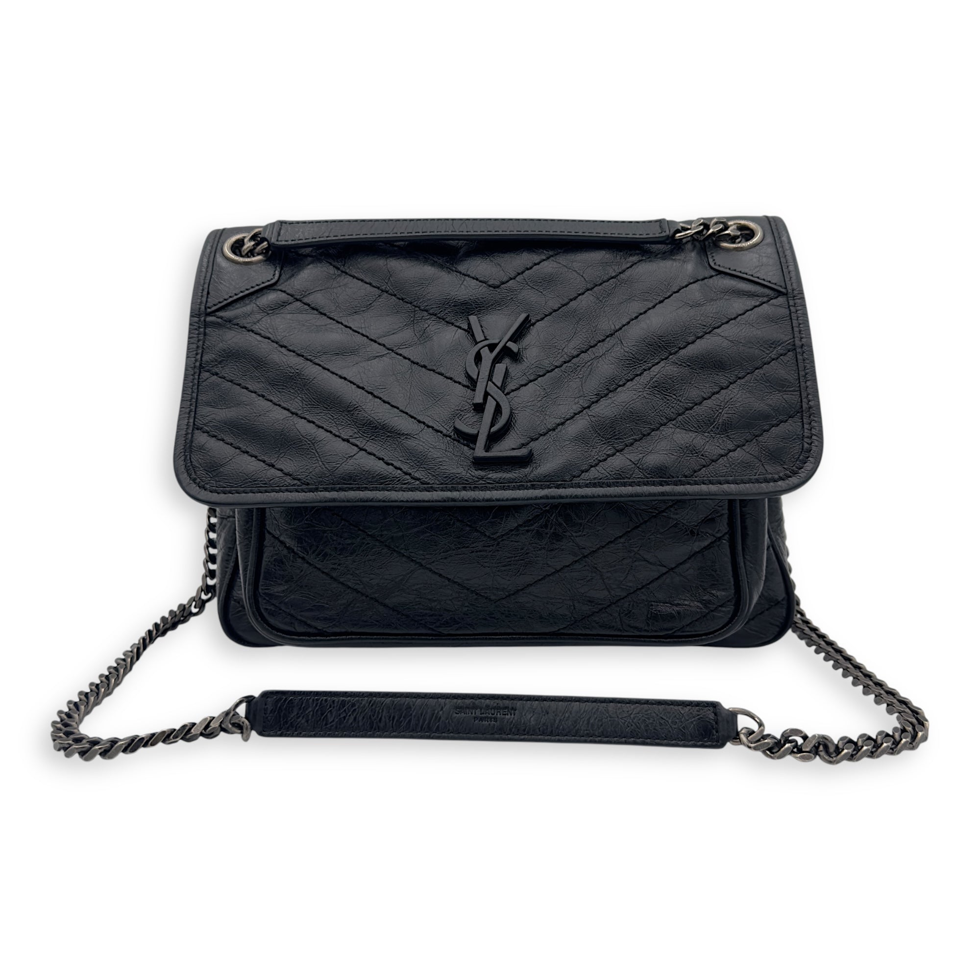 Saint Laurent Niki Medium Black Shoulder Bag in Calfskin, Silver hardware_12