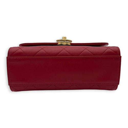 Chanel CC Pearl Top Handle Bag Red in Lambskin, Gold hardware_5