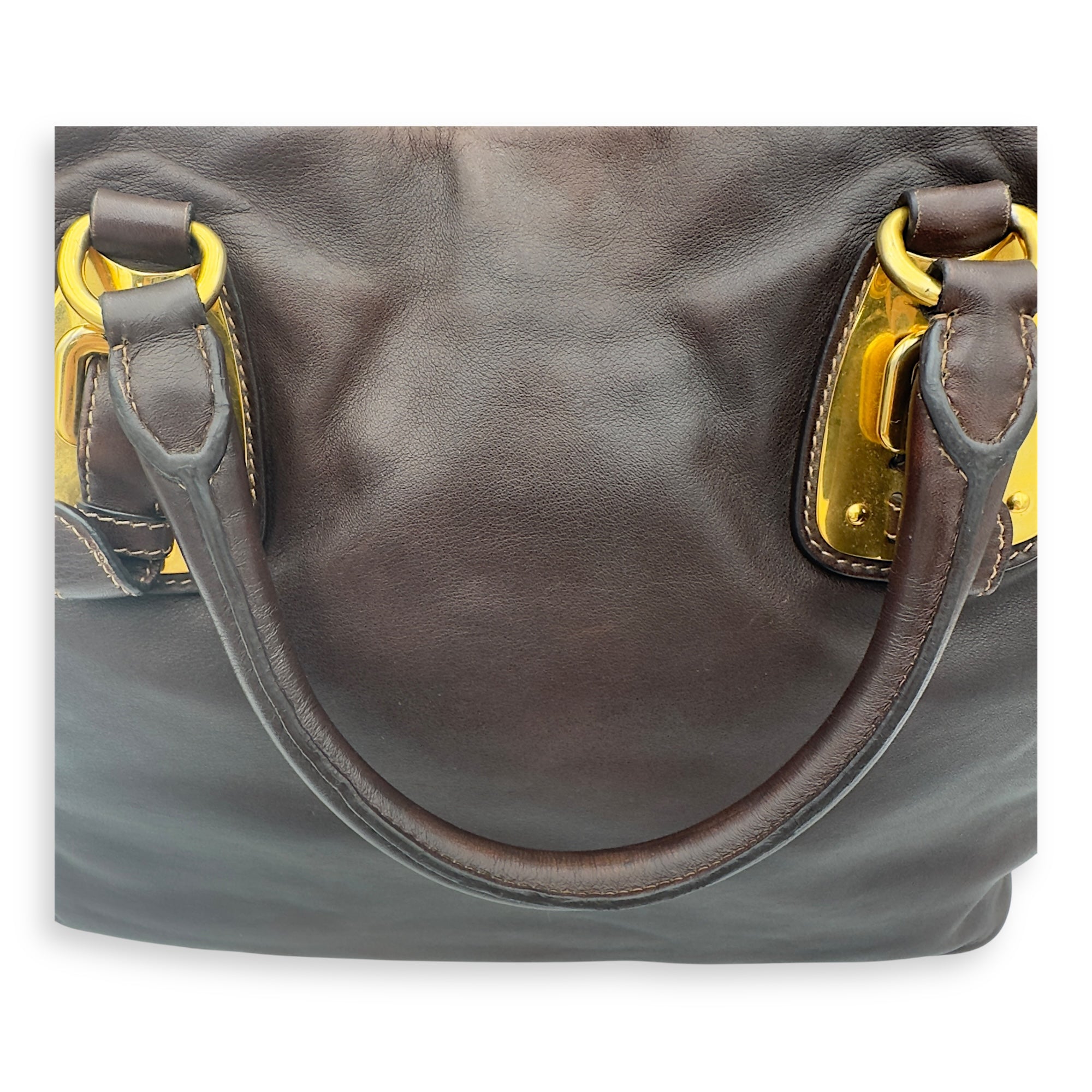 Prada Logo Brown Top Handle Bag in Calfskin, Gold hardware_16