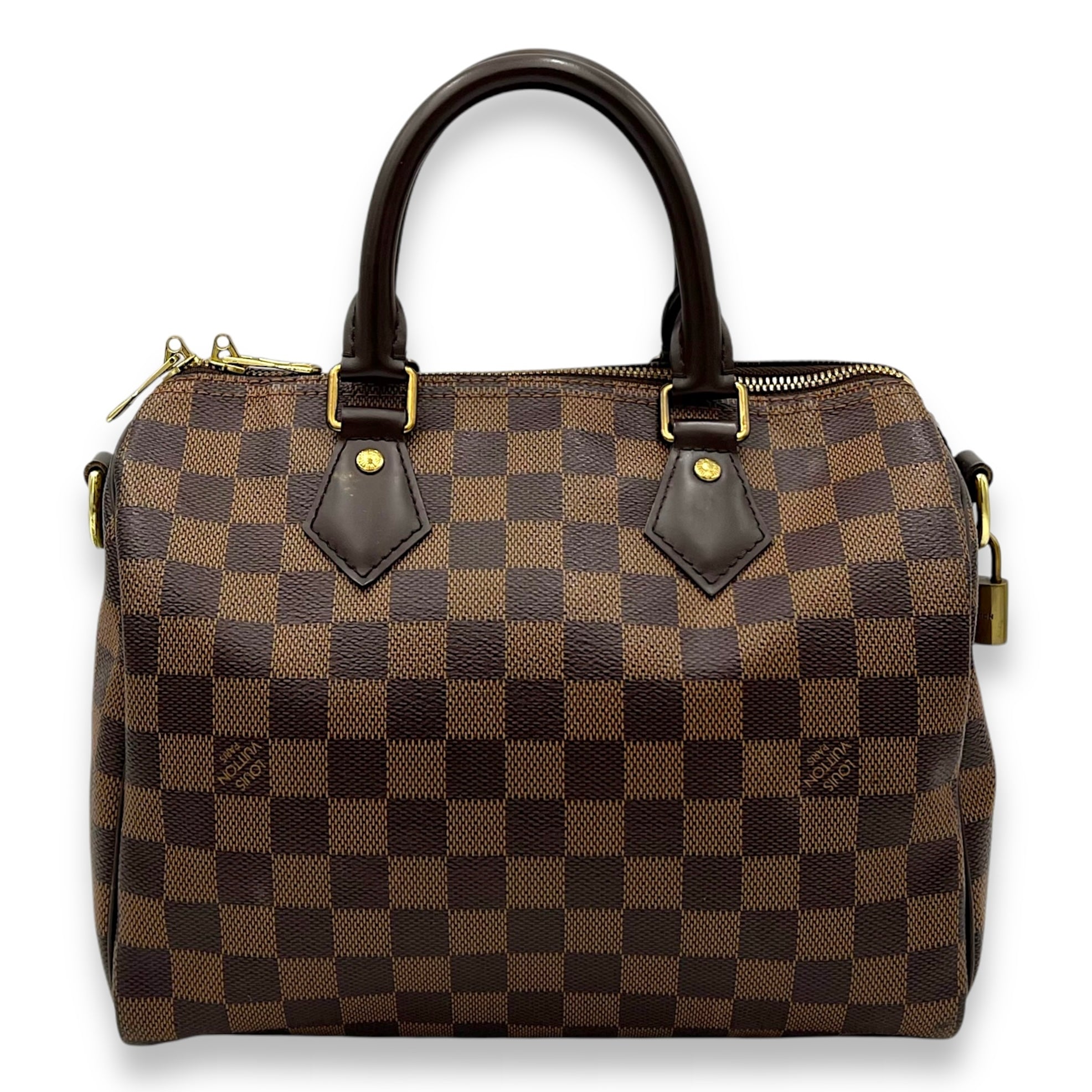 Louis Vuitton Speedy Bandouliere 25 Damier Ebene Top Handle Bag in Coated Canvas, Gold hardware_1