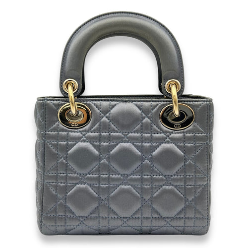 Christian Dior Lady Dior Top Handle Bag Mini Grey in Satin, Gold hardware_2