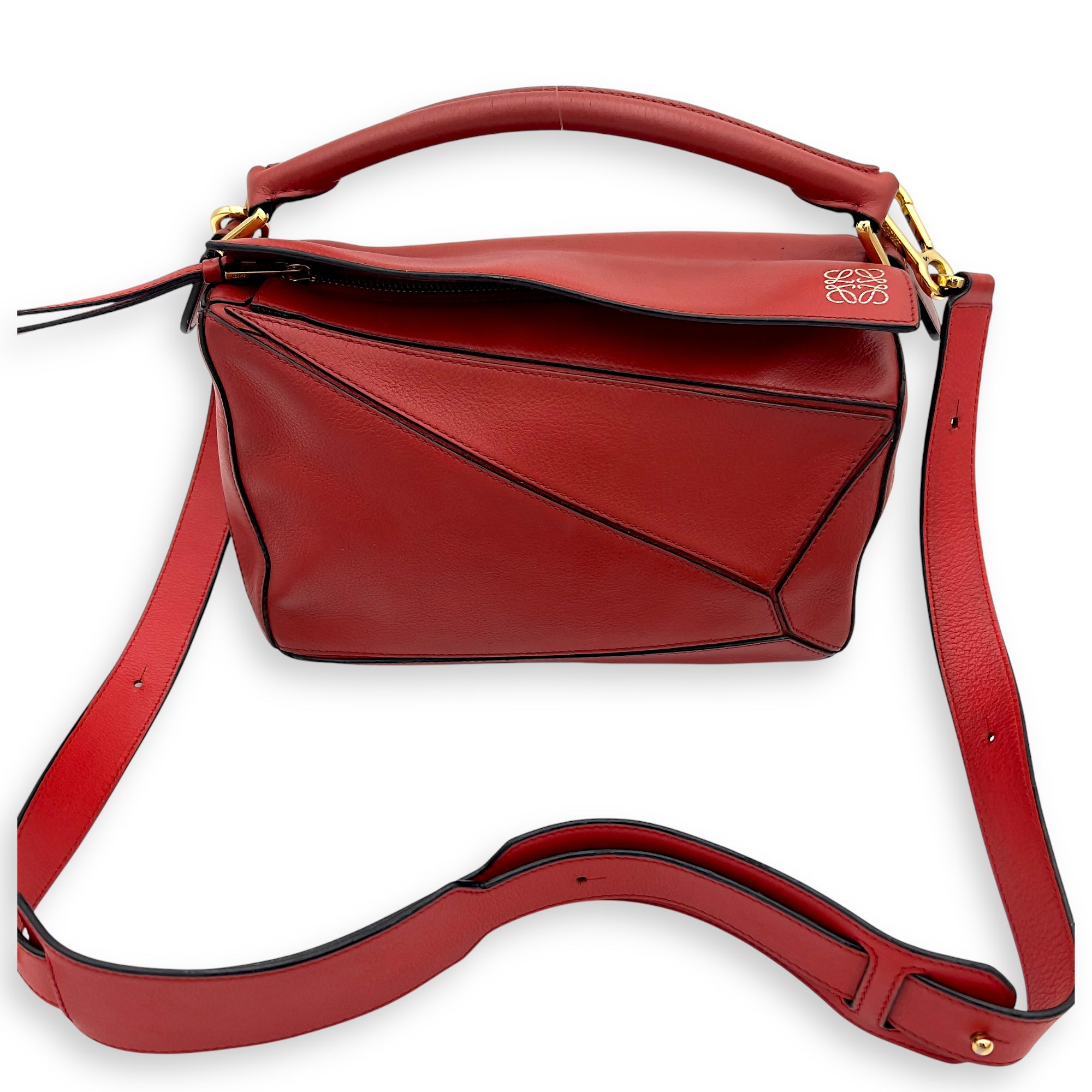 Loewe Puzzle Small Red Top Handle Bag in Calfskin, Gold hardware_16