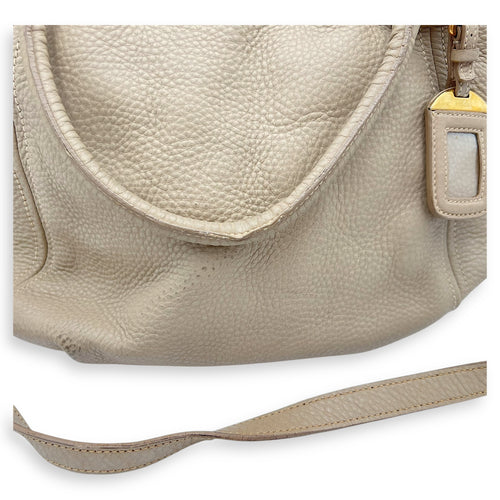 Prada Logo Top Handle Bag Beige in Calfskin, Gold hardware_18