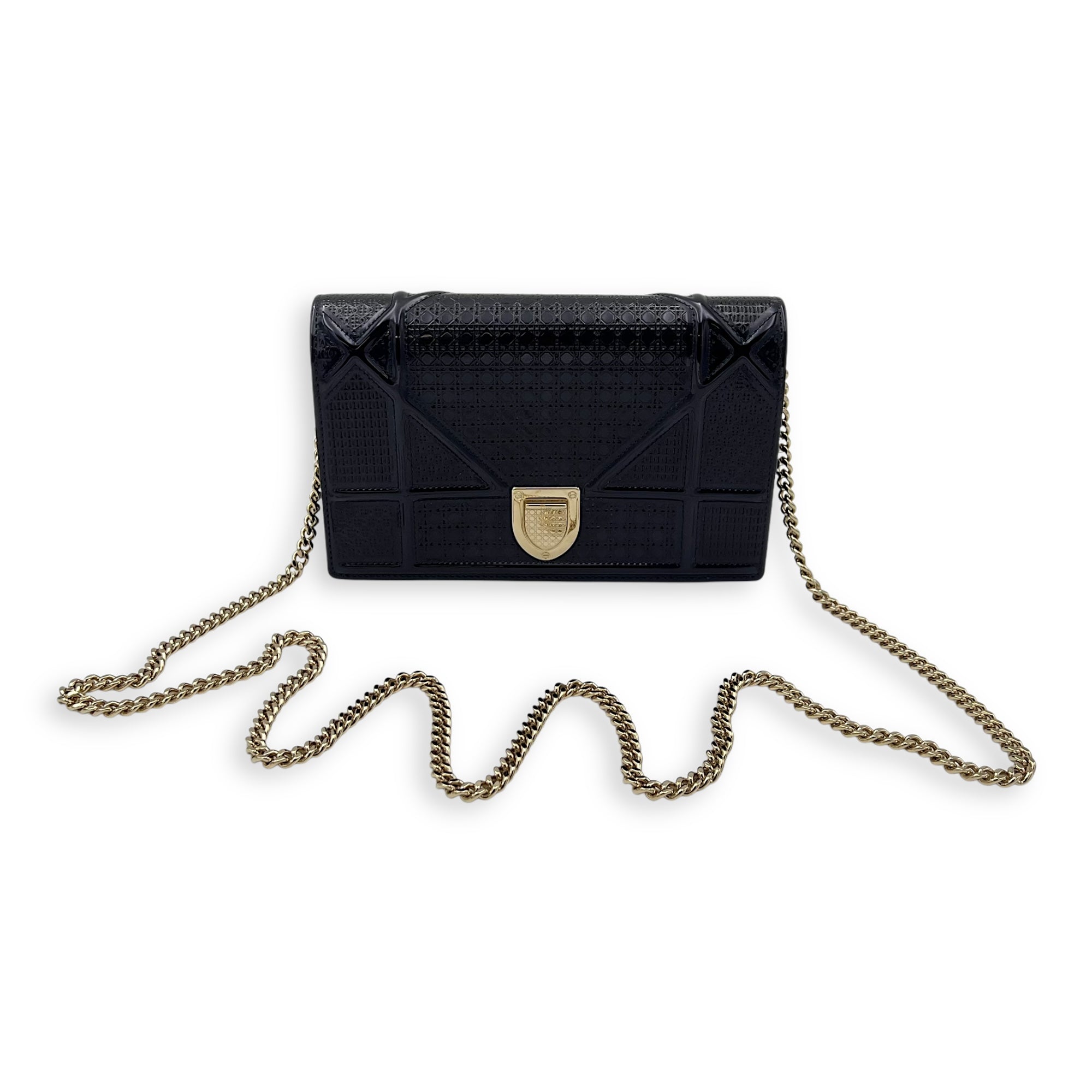 Christian Dior Diorama Wallet On Chain Blue in Patent Leather, Light Gold hardware_16