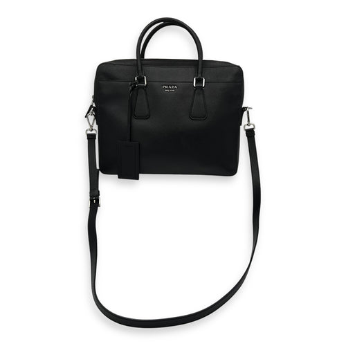 Prada Logo Black Briefcase in Saffiano Leather, Silver hardware_16