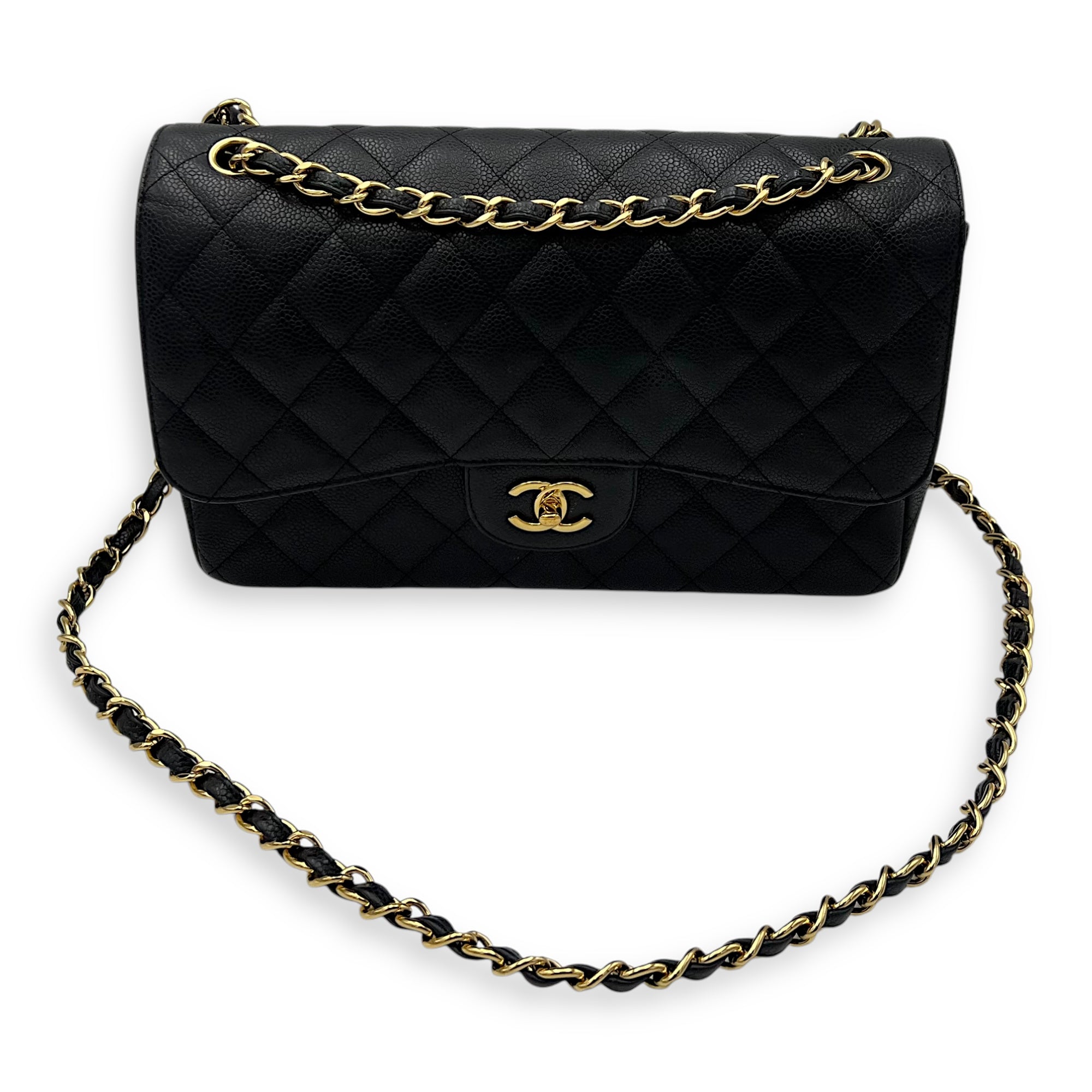 Chanel Classic Double Flap Jumbo Black Shoulder Bag in Caviar Leather, Gold hardware_16