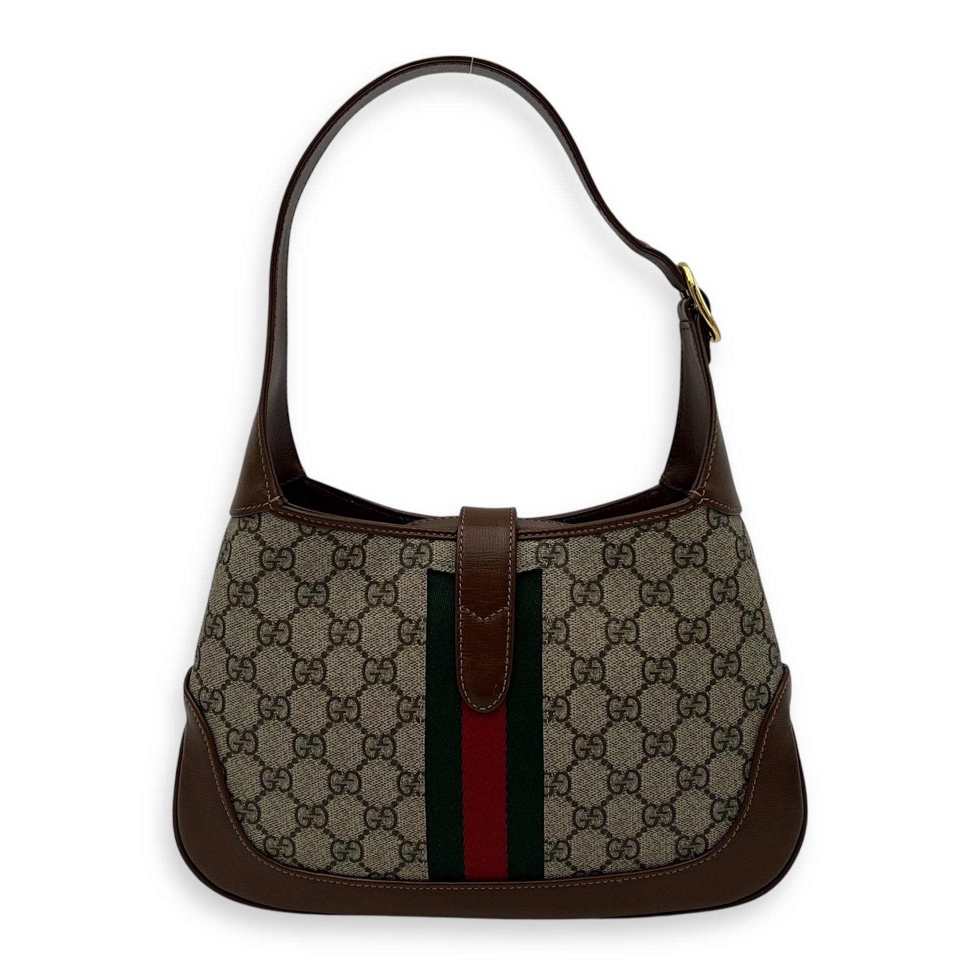 Gucci Jackie 1961 Brown Shoulder Bag in Monogram Coated Canvas, Gold hardware_2