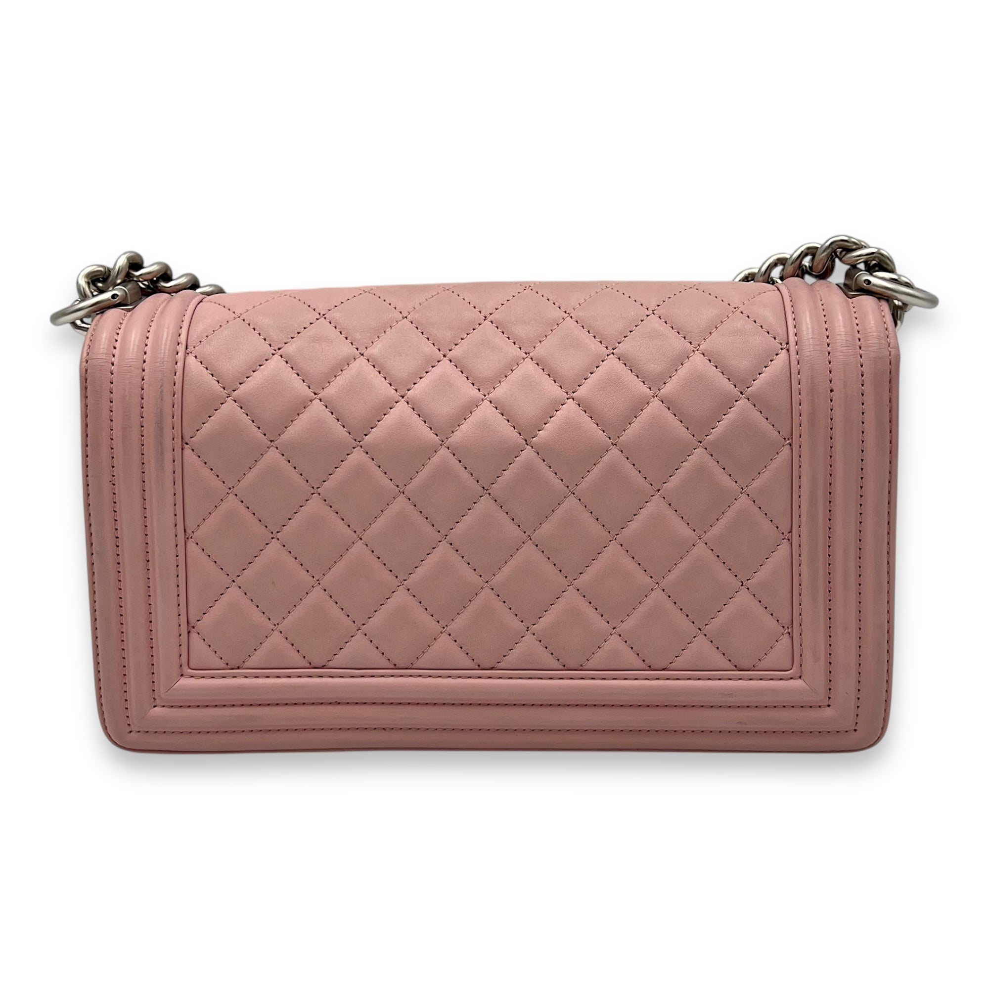 Chanel Boy Crossbody Bag Medium Pink in Calfskin, Silver hardware_2